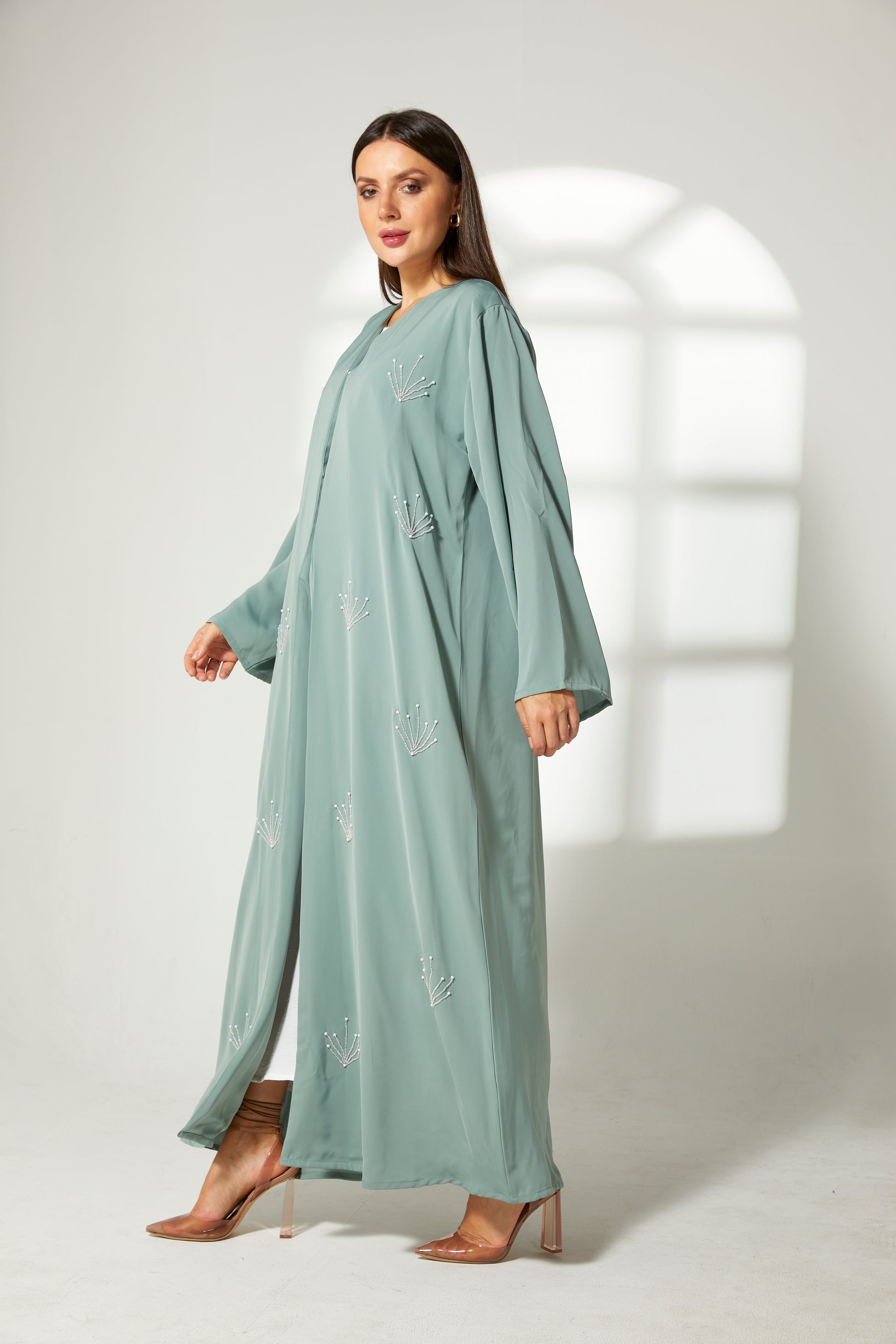 MOiSTREET Sea Green Korean Nida Embroidery Abaya (7822591230179)