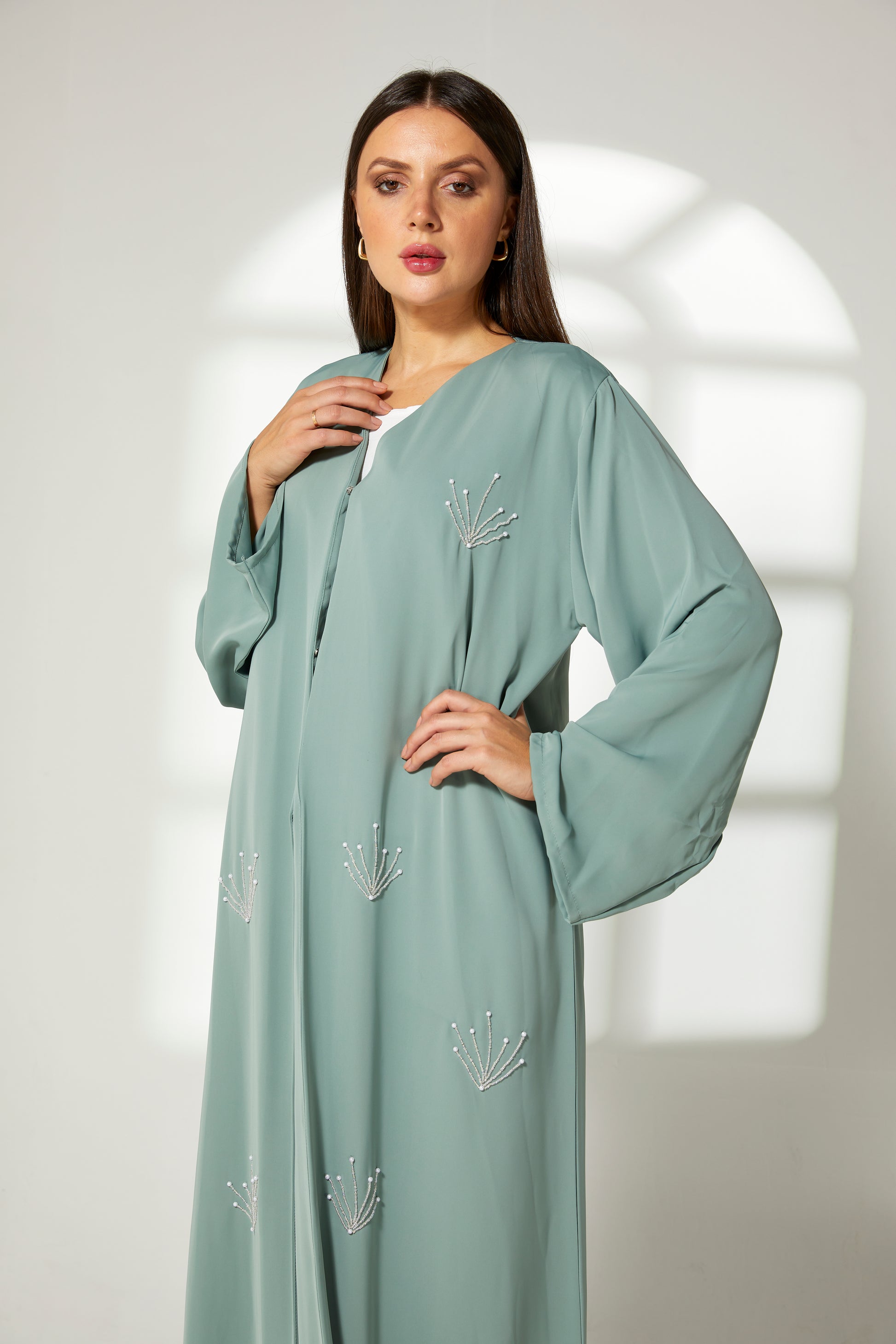 MOiSTREET Sea Green Korean Nida Embroidery Abaya (7822591230179)