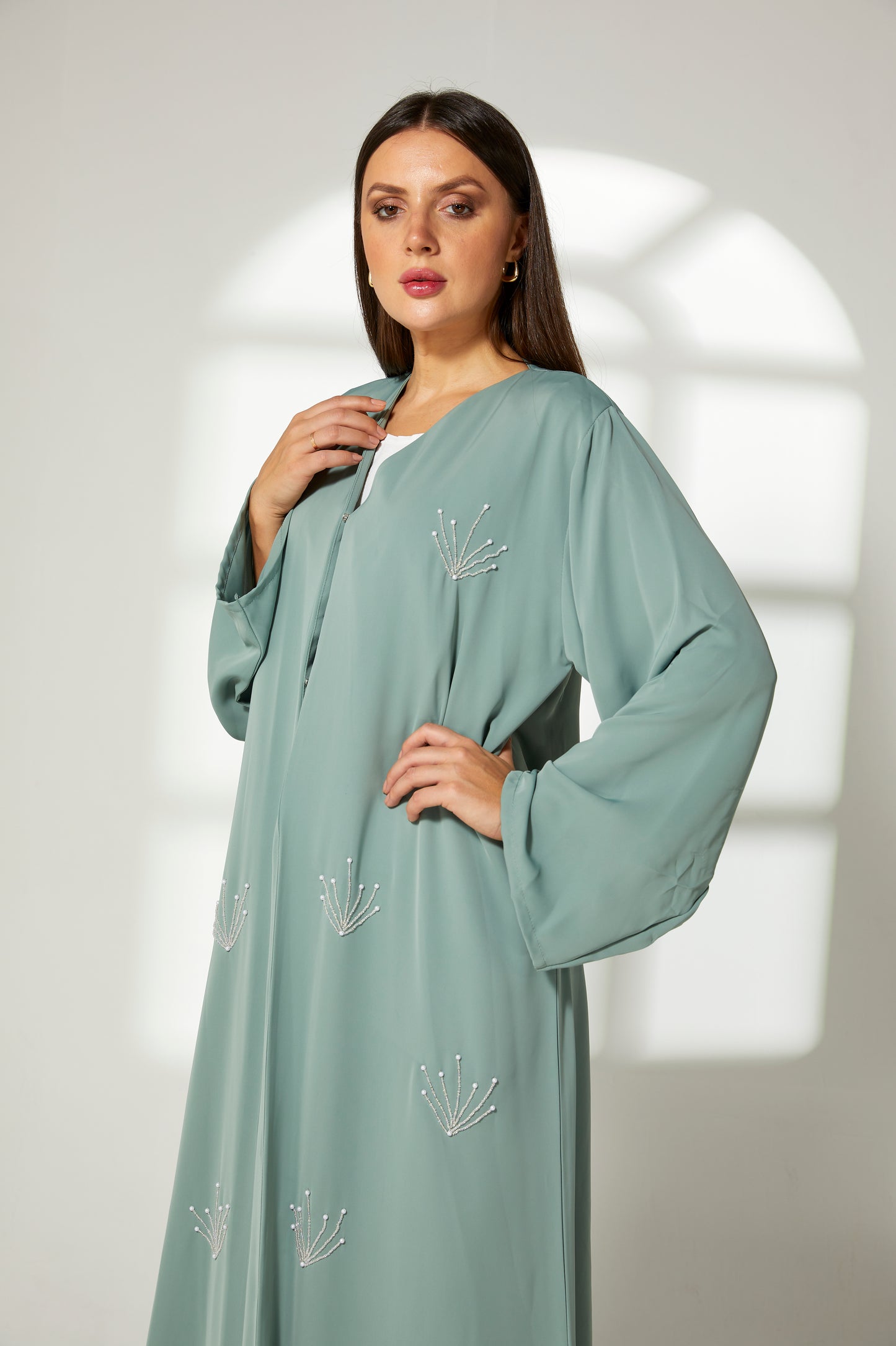 MOiSTREET Sea Green Korean Nida Embroidery Abaya (7822591230179)