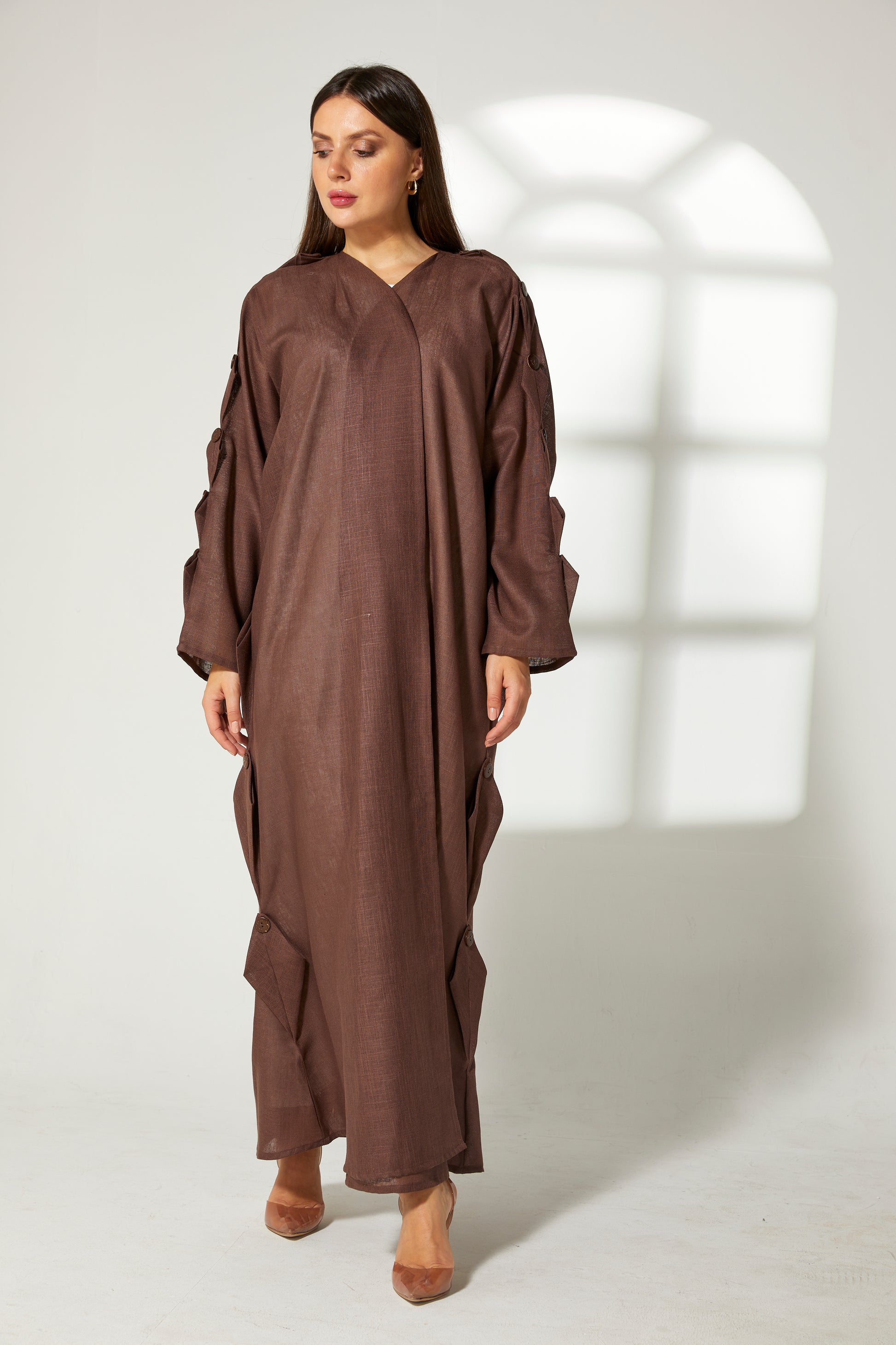 MOiSTREET Brown Linen Abaya (7822510489827)