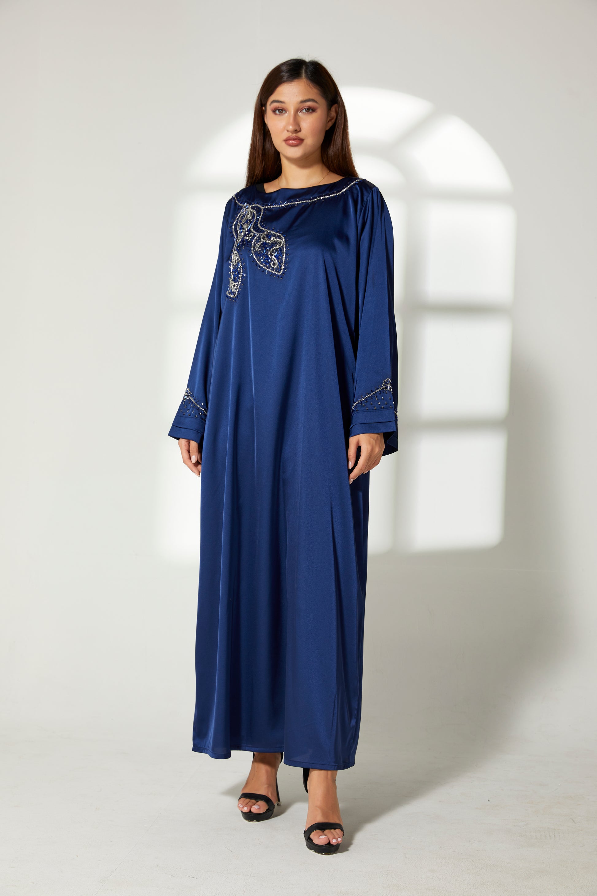 MOiSTREET Navy Silk Hand Embroidered  Kaftan (7822481752291)