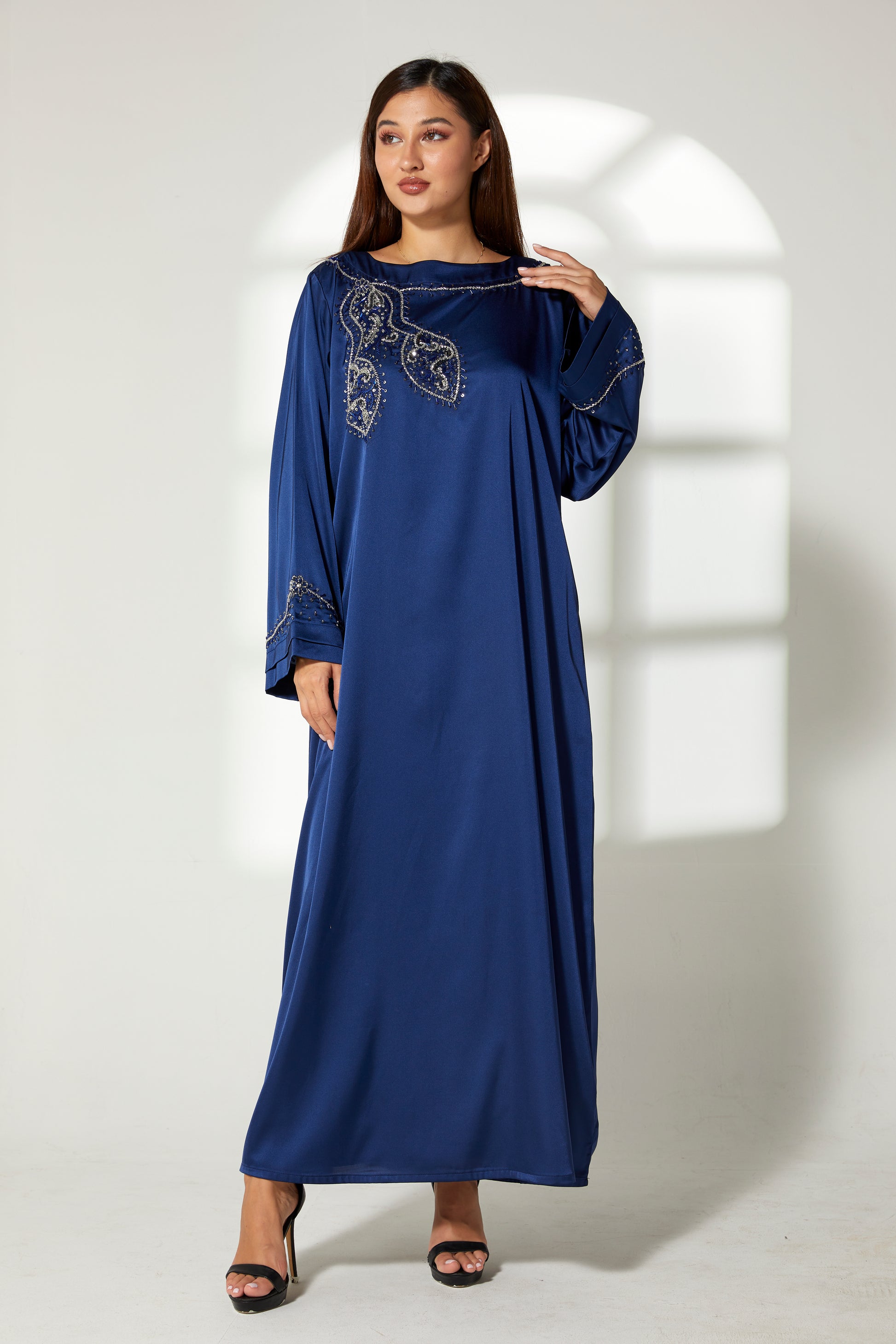 MOiSTREET Navy Silk Hand Embroidered  Kaftan (7822481752291)