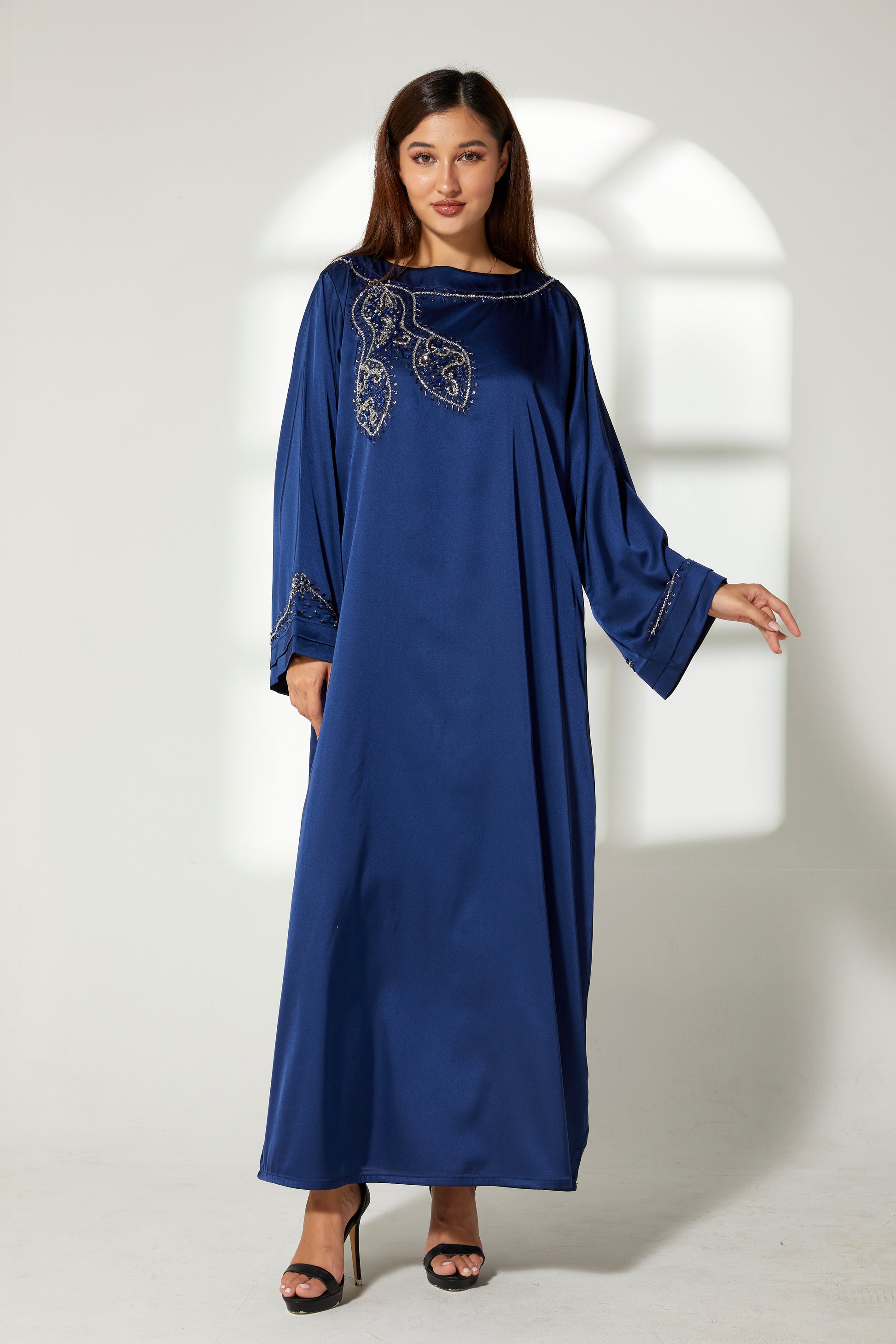 MOiSTREET Navy Silk Hand Embroidered  Kaftan (7822481752291)