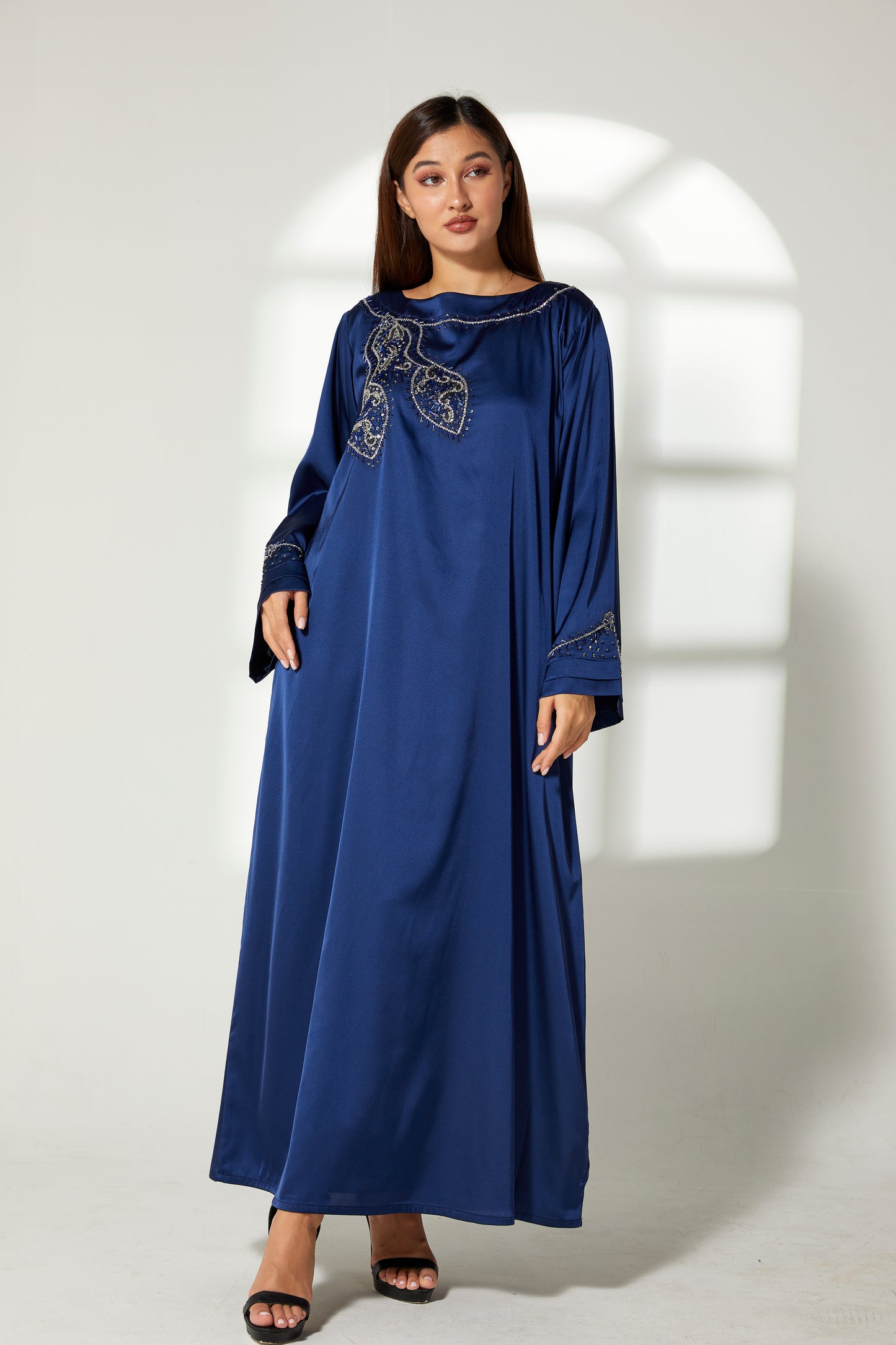 MOiSTREET Navy Silk Hand Embroidered  Kaftan (7822481752291)