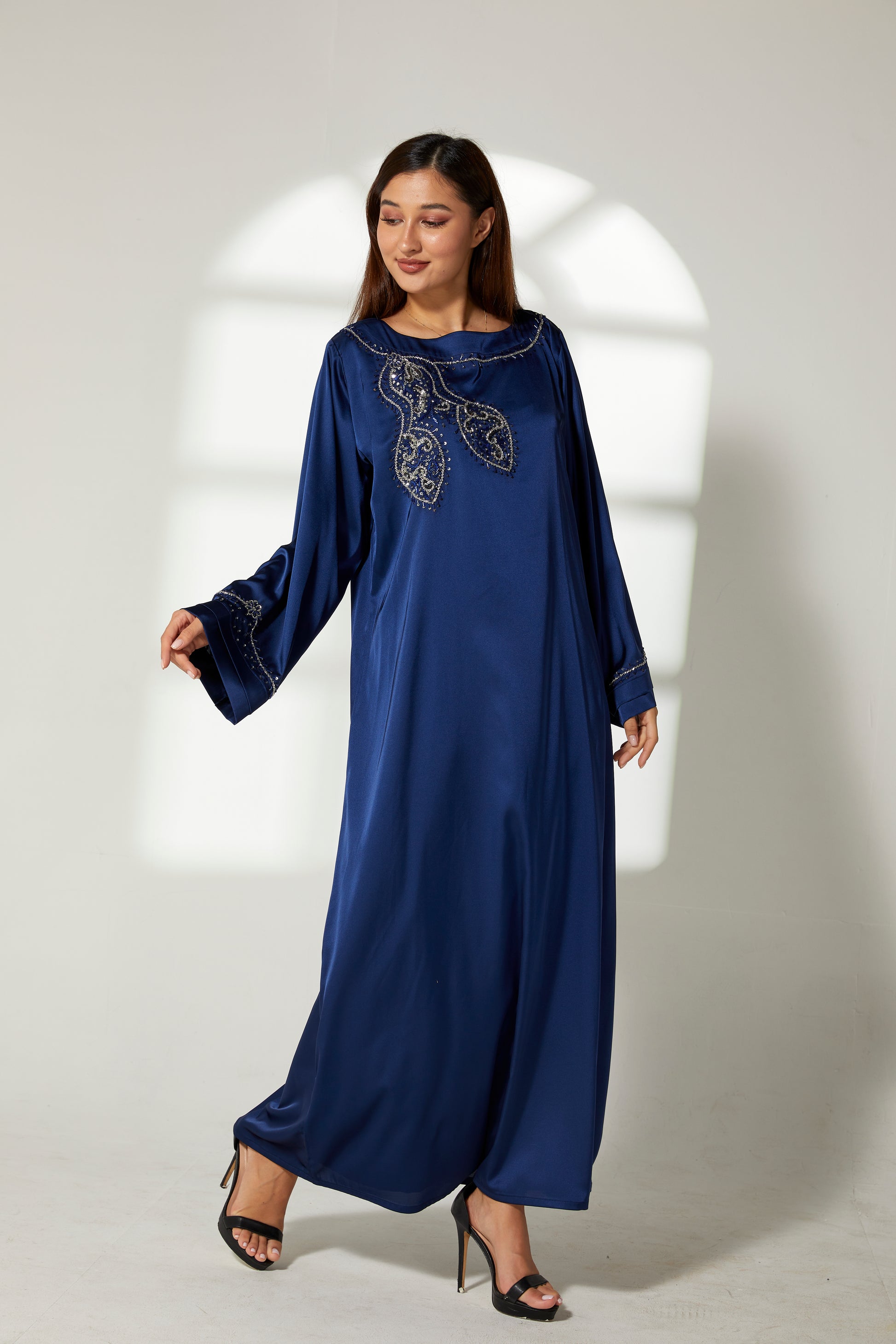 MOiSTREET Navy Silk Hand Embroidered  Kaftan (7822481752291)