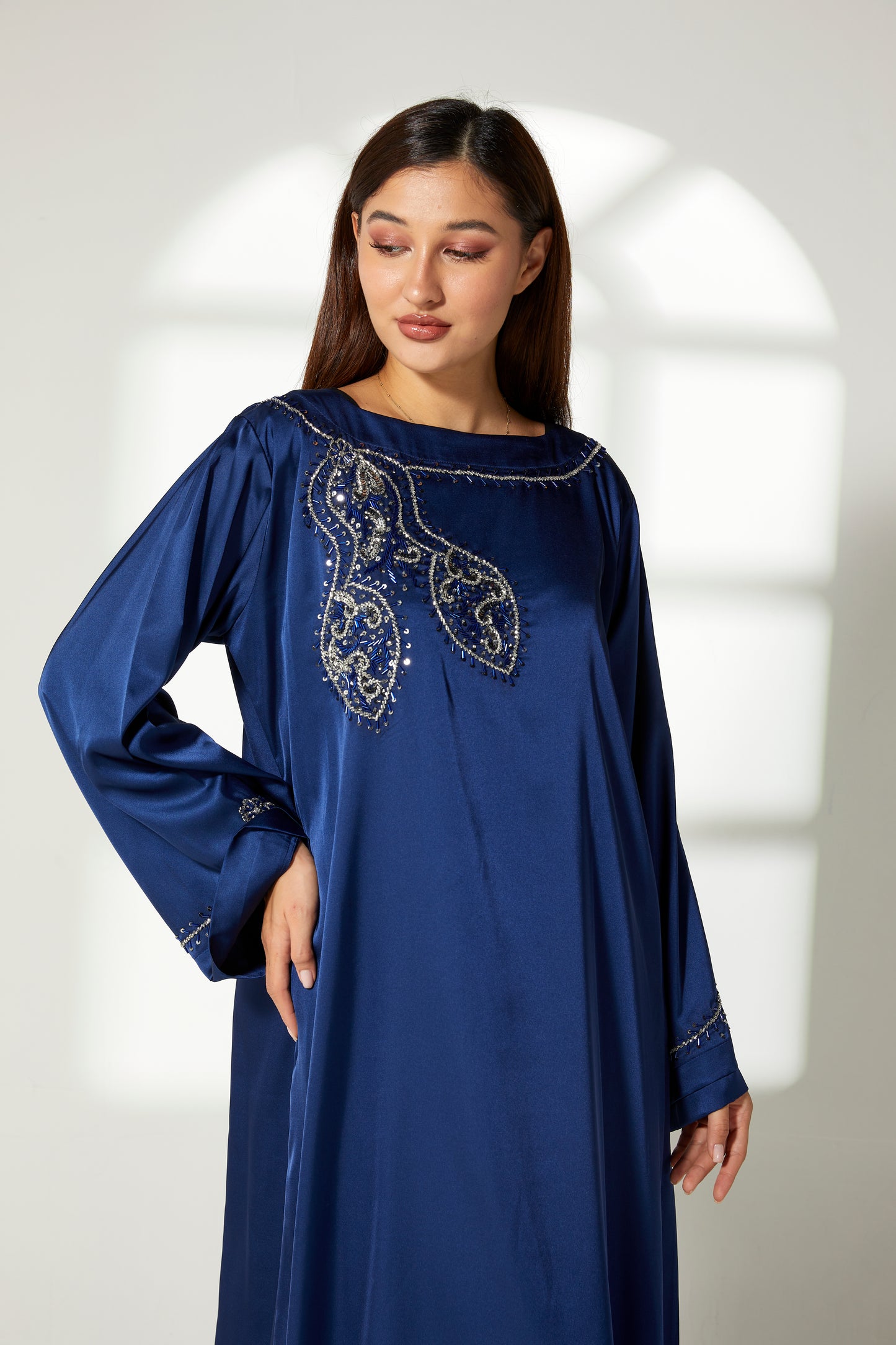 MOiSTREET Navy Silk Hand Embroidered  Kaftan (7822481752291)