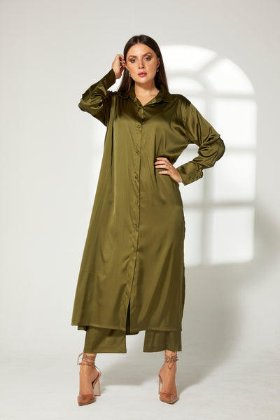 MOiSTREET Mustard Green Silk Fabric With  Top and Pants Set (7822459437283)