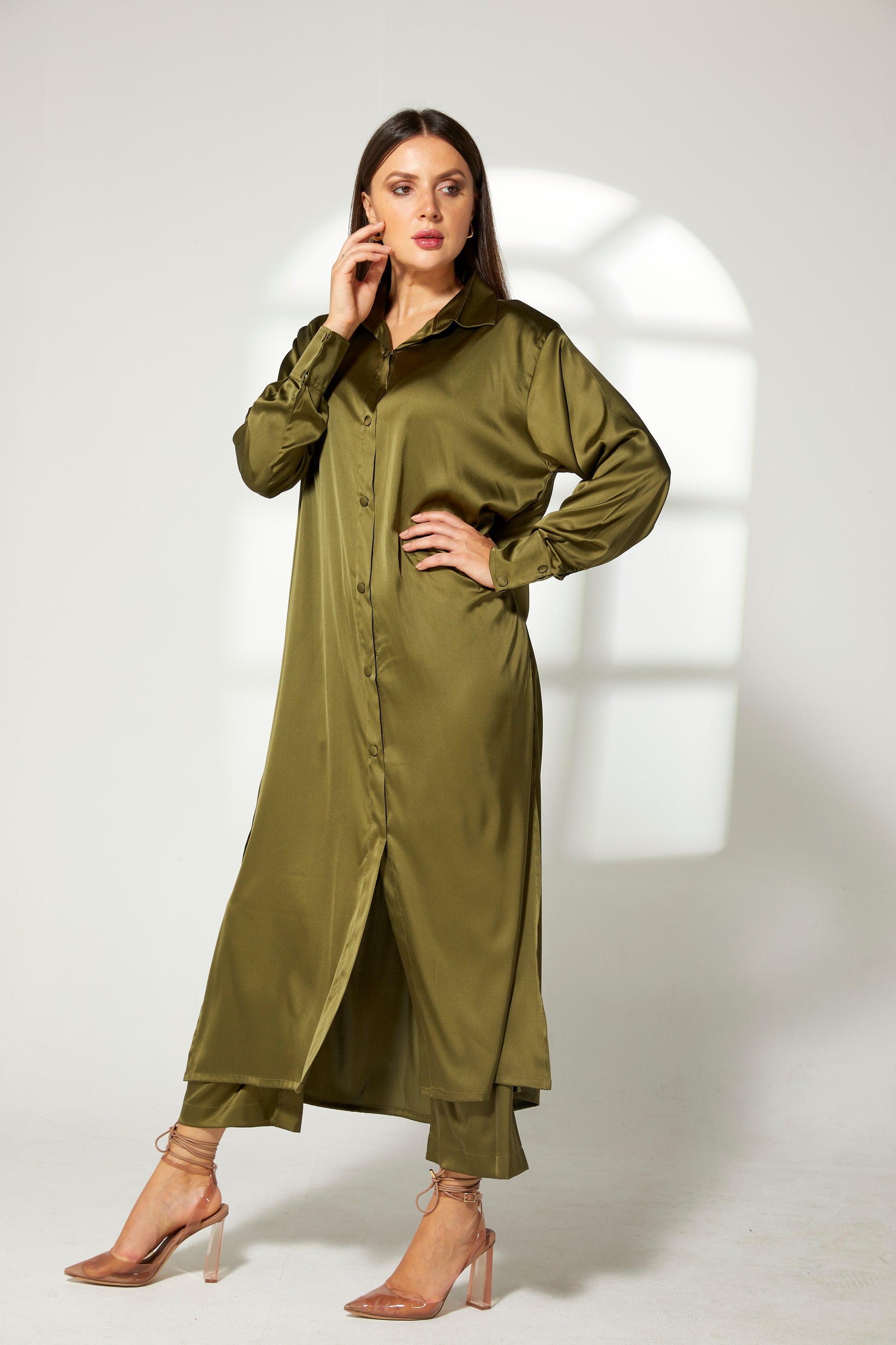 MOiSTREET Mustard Green Silk Fabric With  Top and Pants Set (7822459437283)