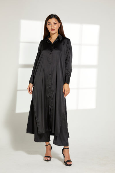 MOiSTREET Black Silk Fabric With  Top and Pants Set (7822420738275)