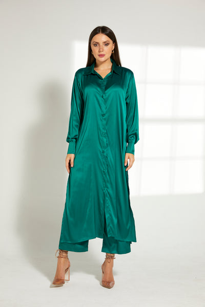 MOiSTREET Green Silk Fabric With  Top and Pants Set (7822393737443)