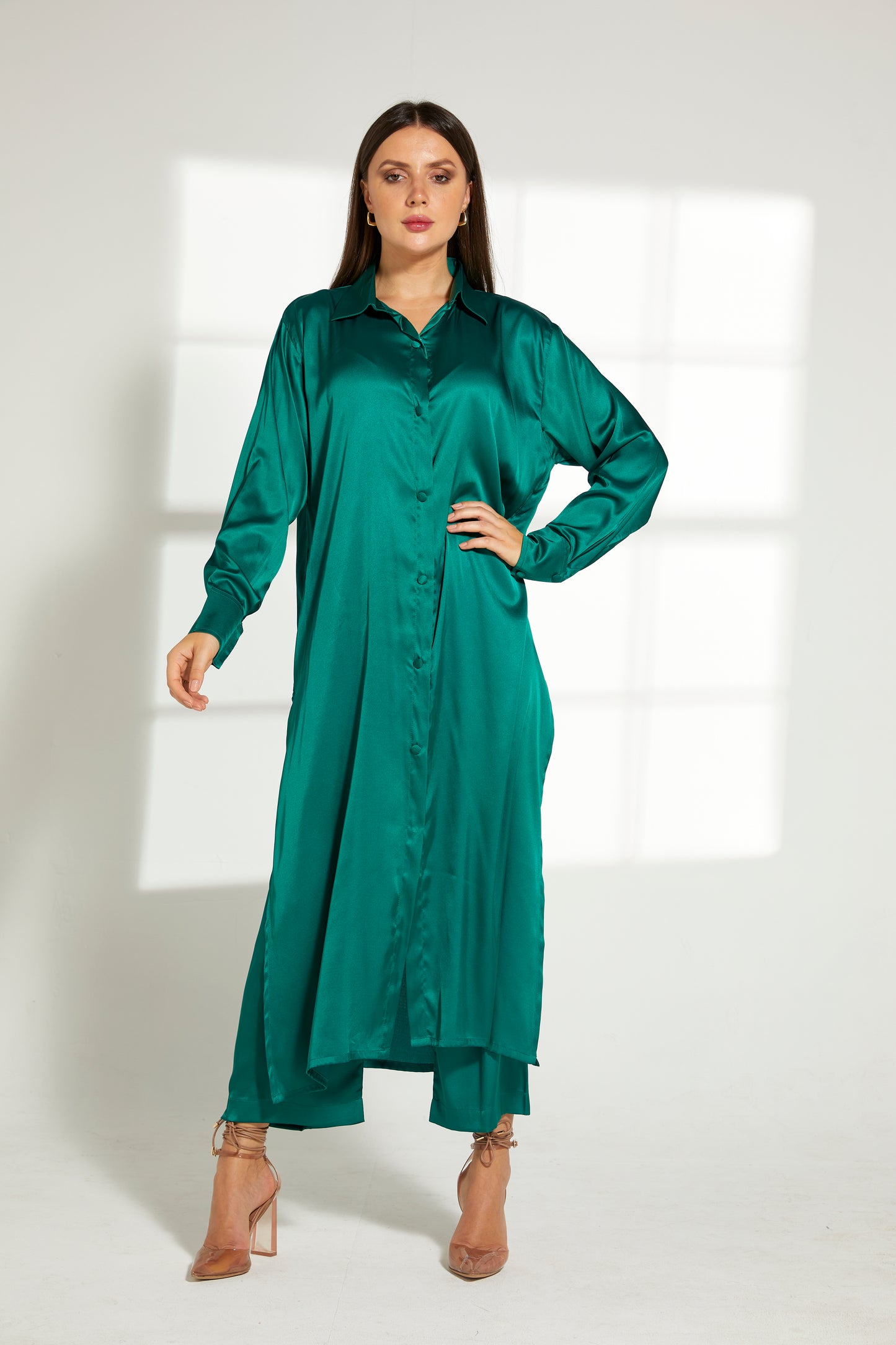 MOiSTREET Green Silk Fabric With  Top and Pants Set (7822393737443)