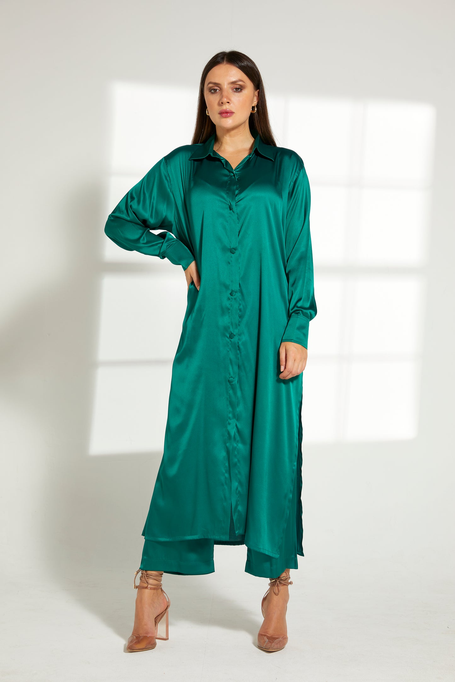 MOiSTREET Green Silk Fabric With  Top and Pants Set (7822393737443)