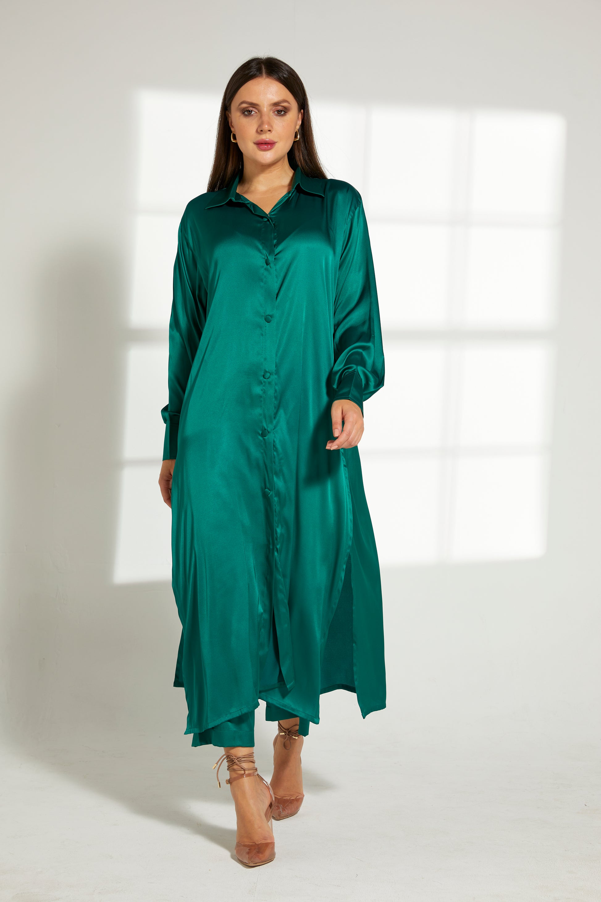 MOiSTREET Green Silk Fabric With  Top and Pants Set (7822393737443)