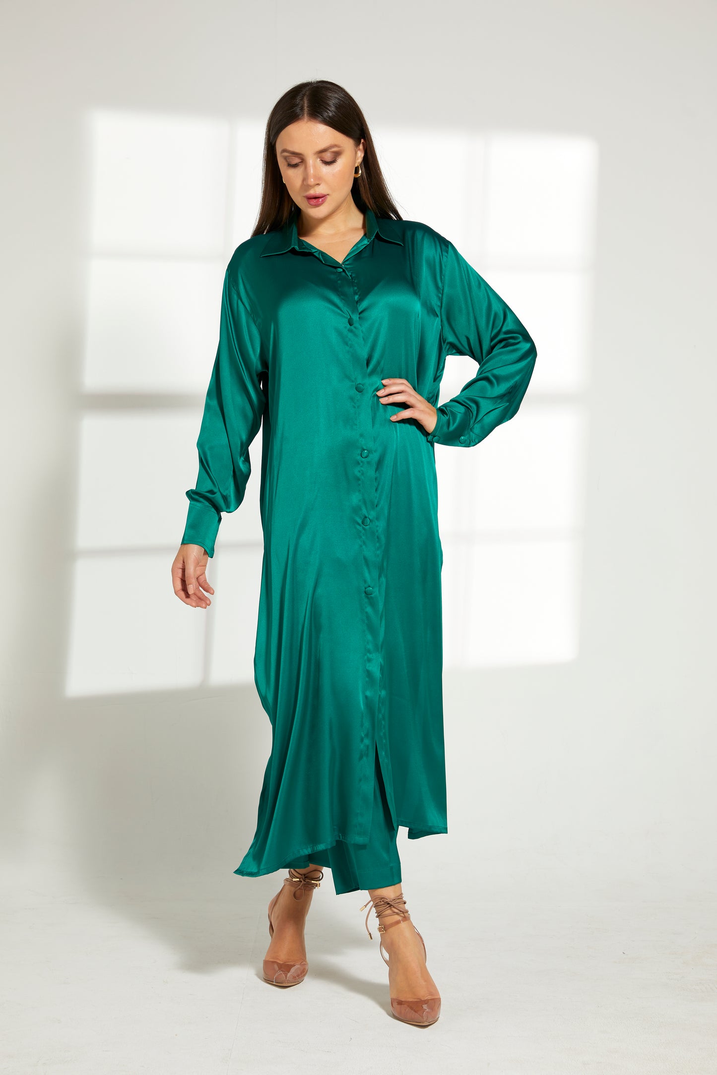 MOiSTREET Green Silk Fabric With  Top and Pants Set (7822393737443)