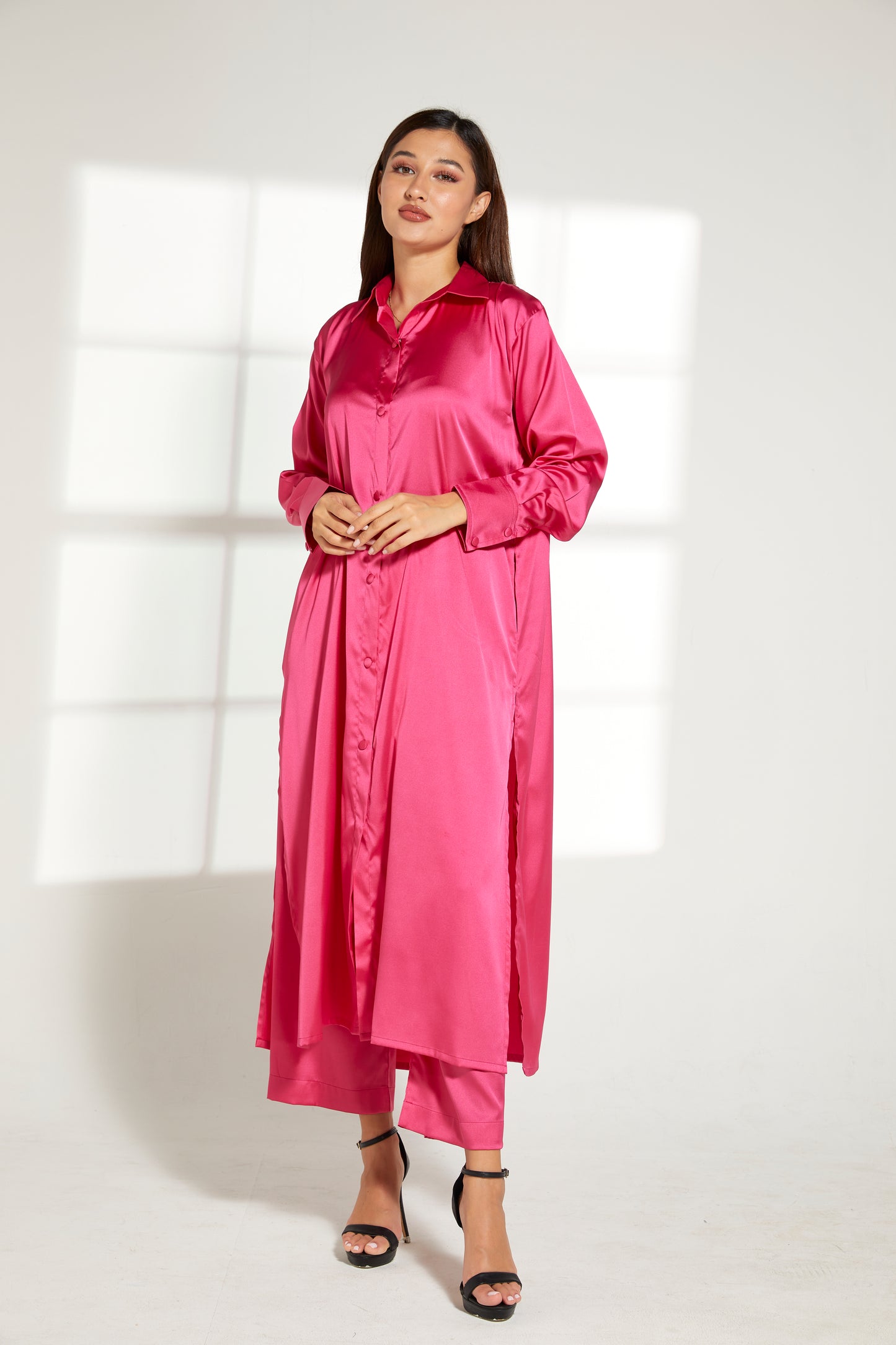 MOiSTREET Pink Silk Fabric With  Top and Pants Set (7822369751267)