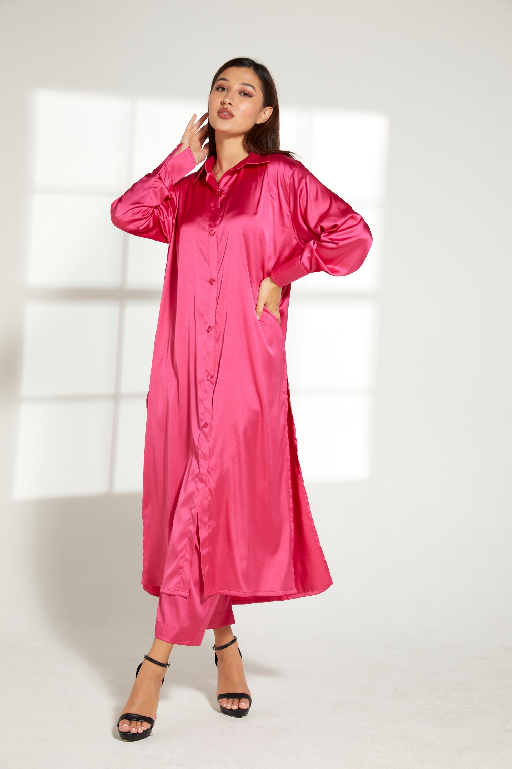 MOiSTREET Pink Silk Fabric With  Top and Pants Set (7822369751267)