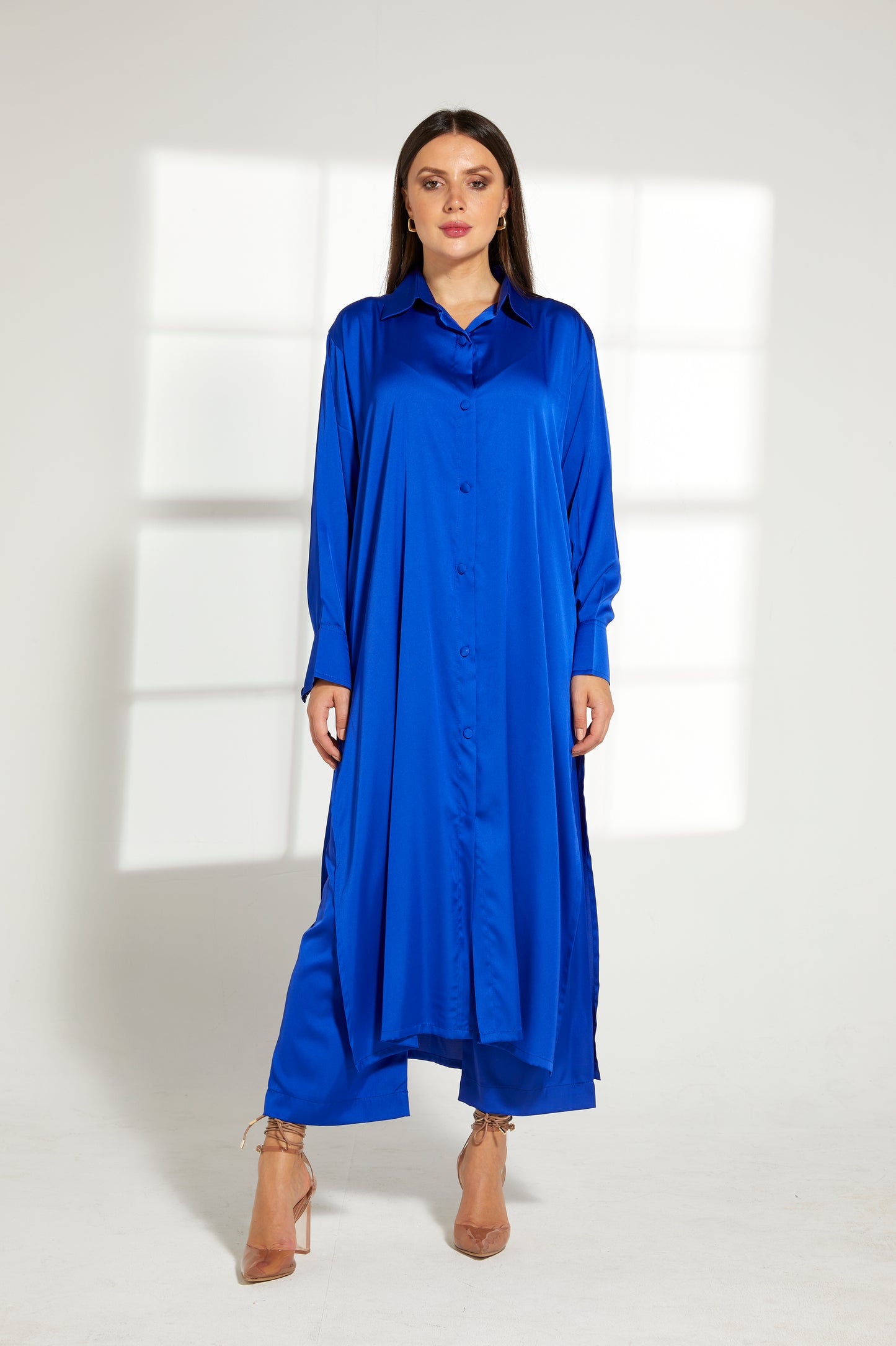 MOiSTREET Blue Silk Fabric With  Top and Pants Set (7822382268643)