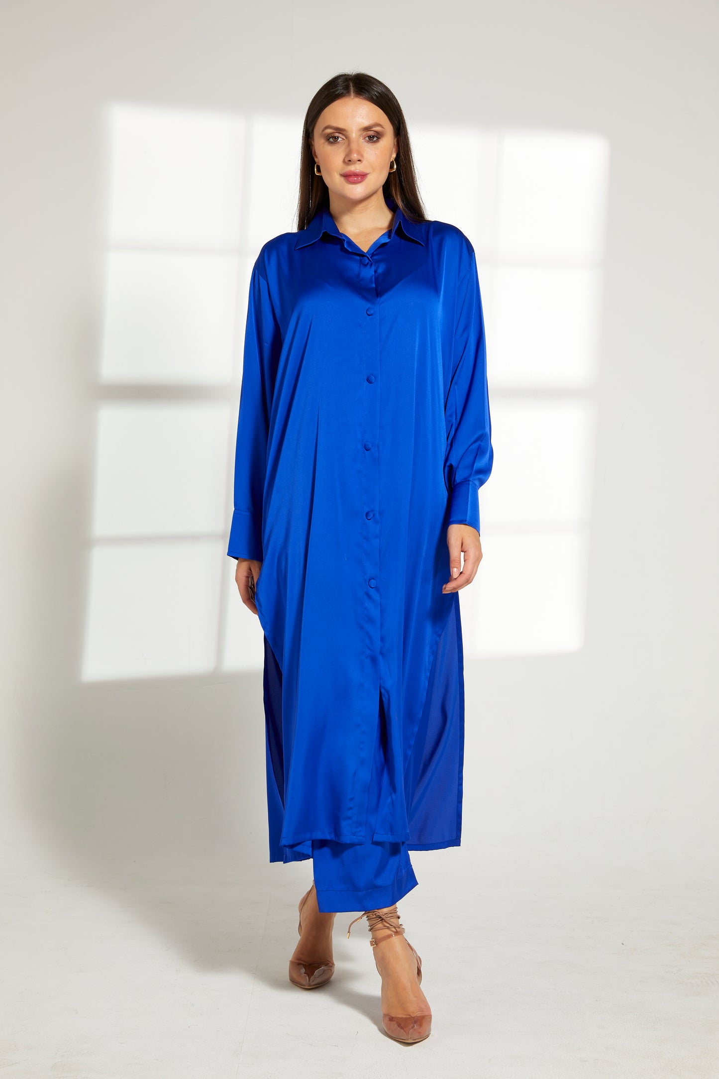 MOiSTREET Blue Silk Fabric With  Top and Pants Set (7822382268643)