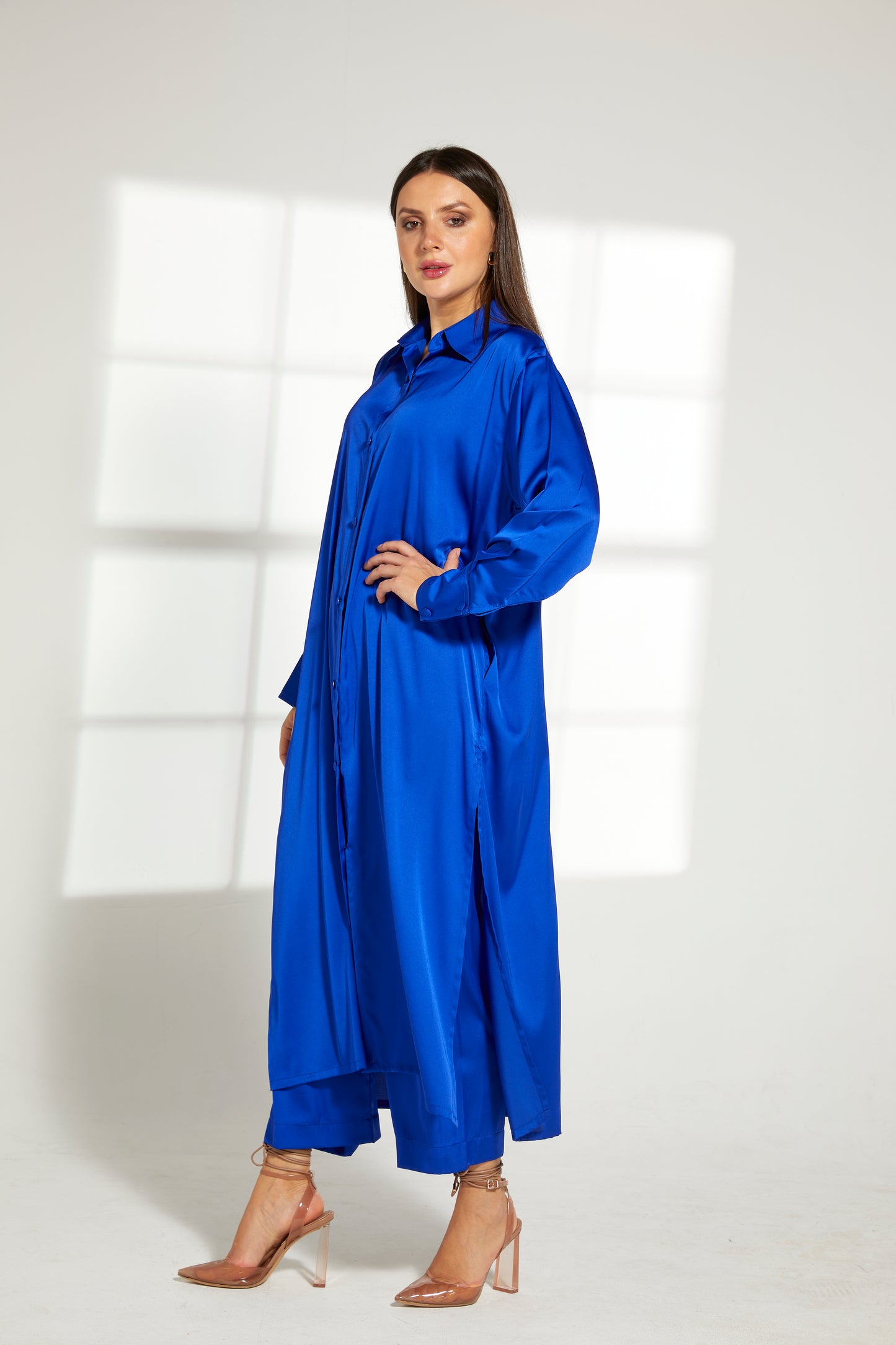 MOiSTREET Blue Silk Fabric With  Top and Pants Set (7822382268643)