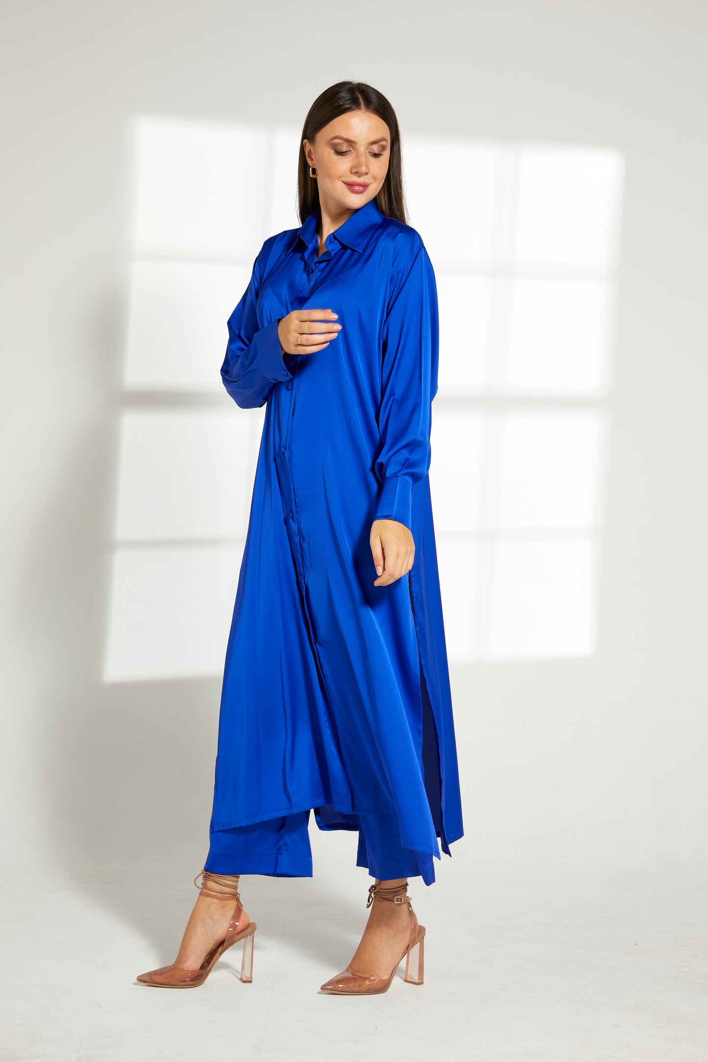 MOiSTREET Blue Silk Fabric With  Top and Pants Set (7822382268643)