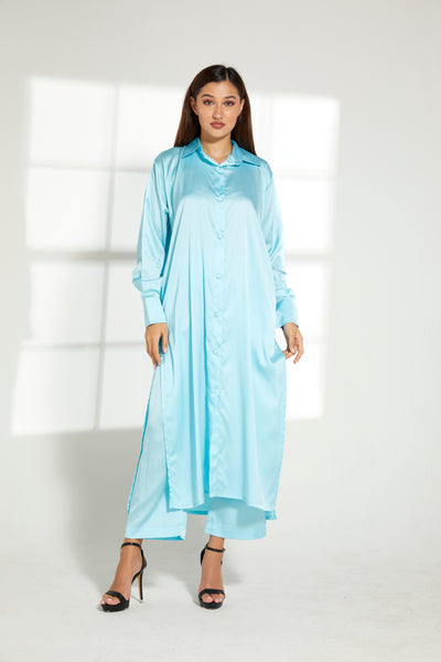 MOiSTREET Turquoise Silk Fabric With  Top and Pants Set (7822312636643)