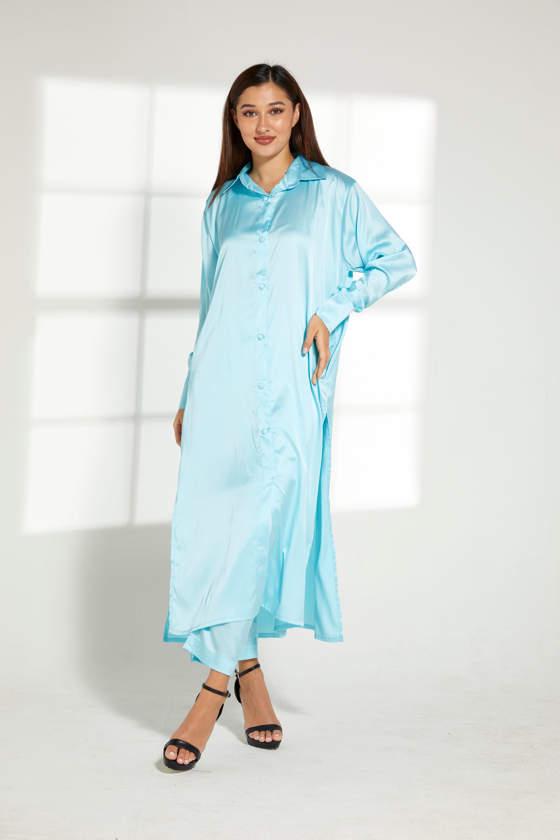 MOiSTREET Turquoise Silk Fabric With  Top and Pants Set (7822312636643)