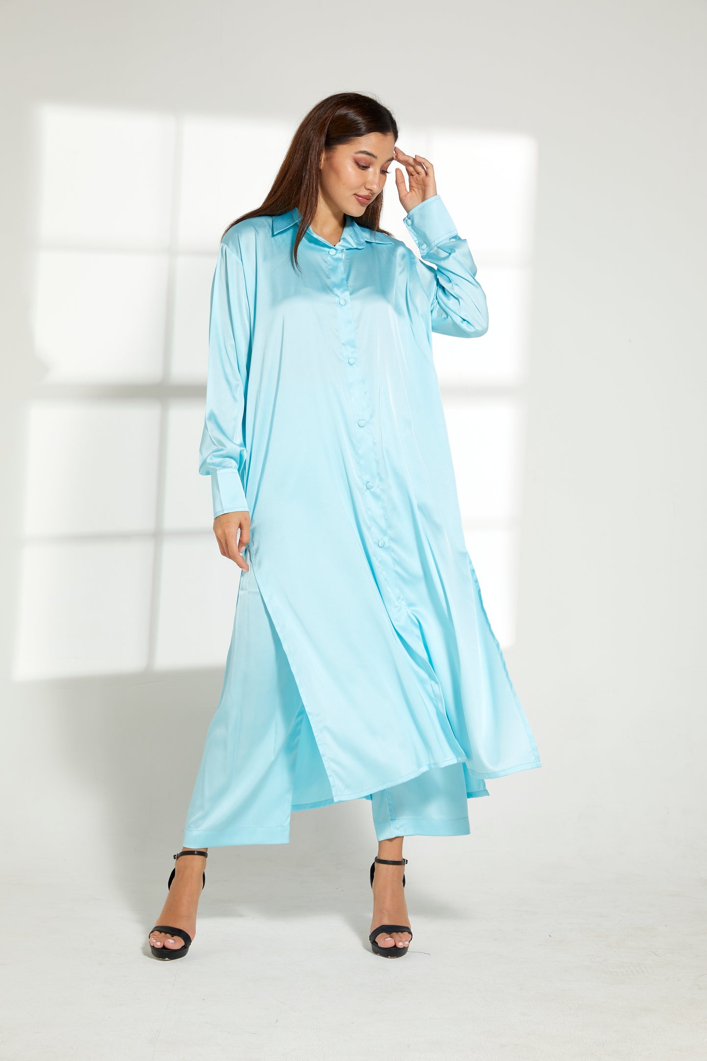 MOiSTREET Turquoise Silk Fabric With  Top and Pants Set (7822312636643)