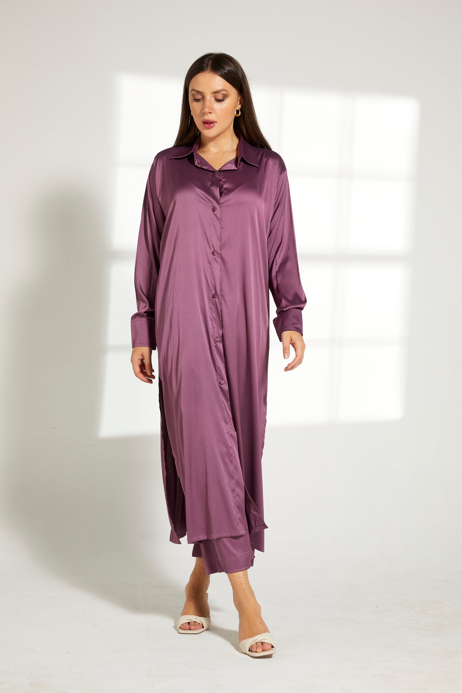 MOiSTREET Purple Silk Fabric With  Top and Pants Set (7822237335779)