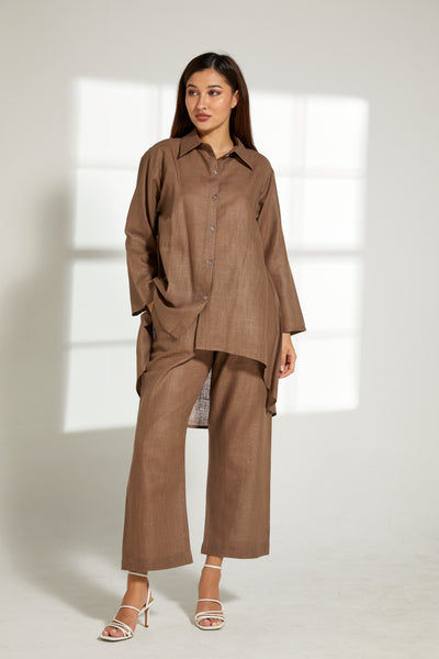 MOiSTREET Brown Linen Fabric With  Top and Pants Set (7822167146723)