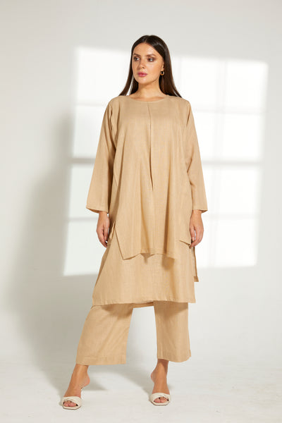 MOiSTREET Tan Linen Fabric With  Top and Pants Set (7822095581411)