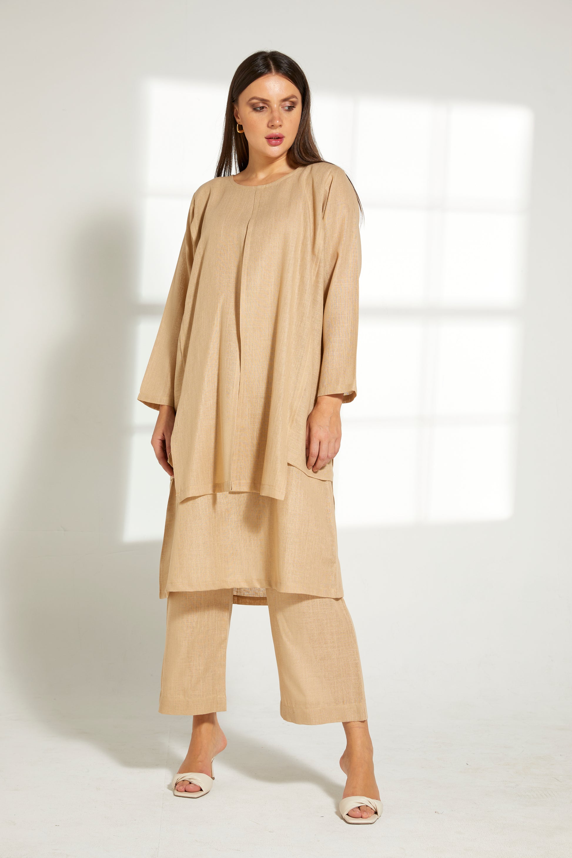 MOiSTREET Tan Linen Fabric With  Top and Pants Set (7822095581411)