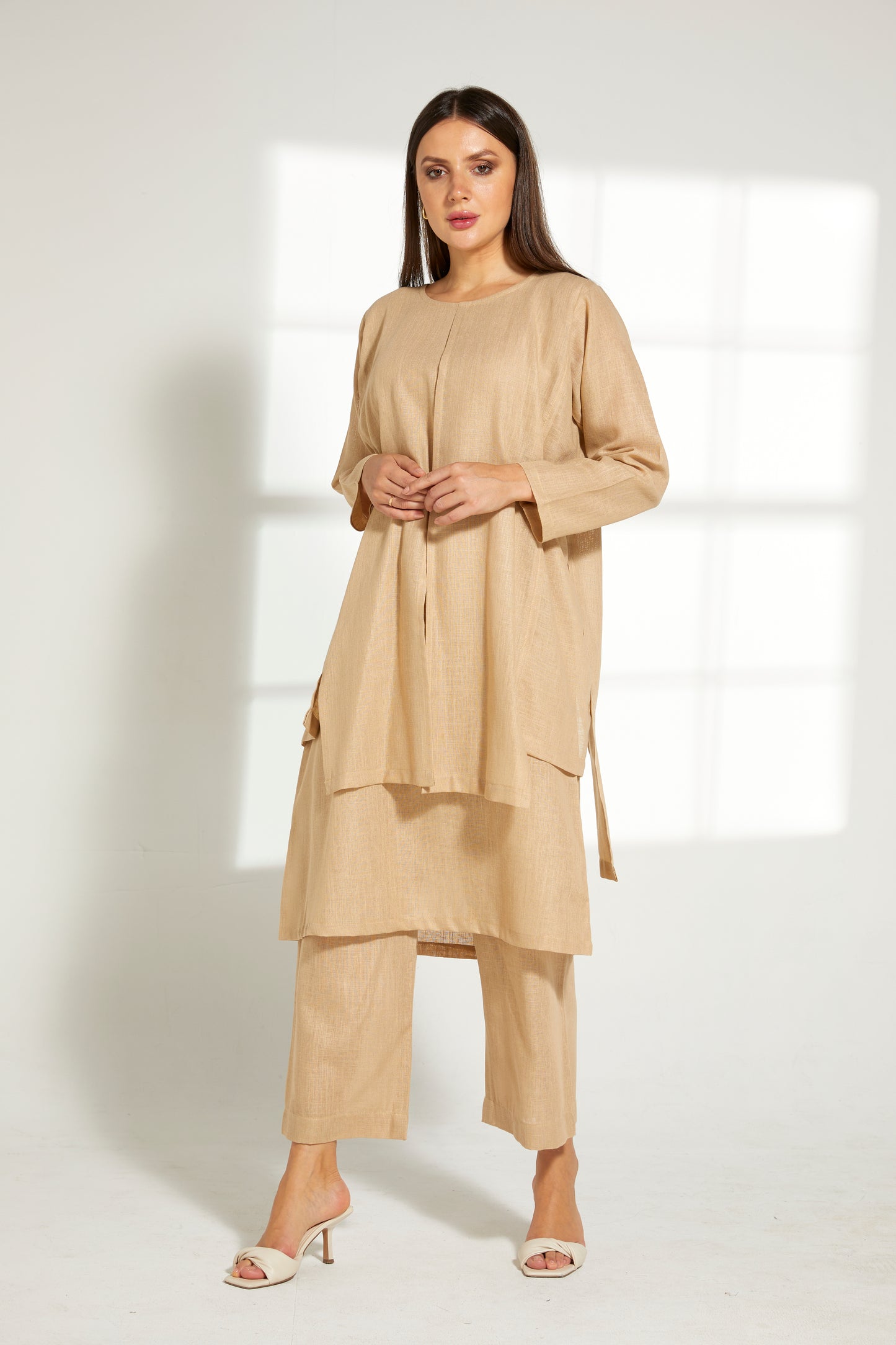 MOiSTREET Tan Linen Fabric With  Top and Pants Set (7822095581411)