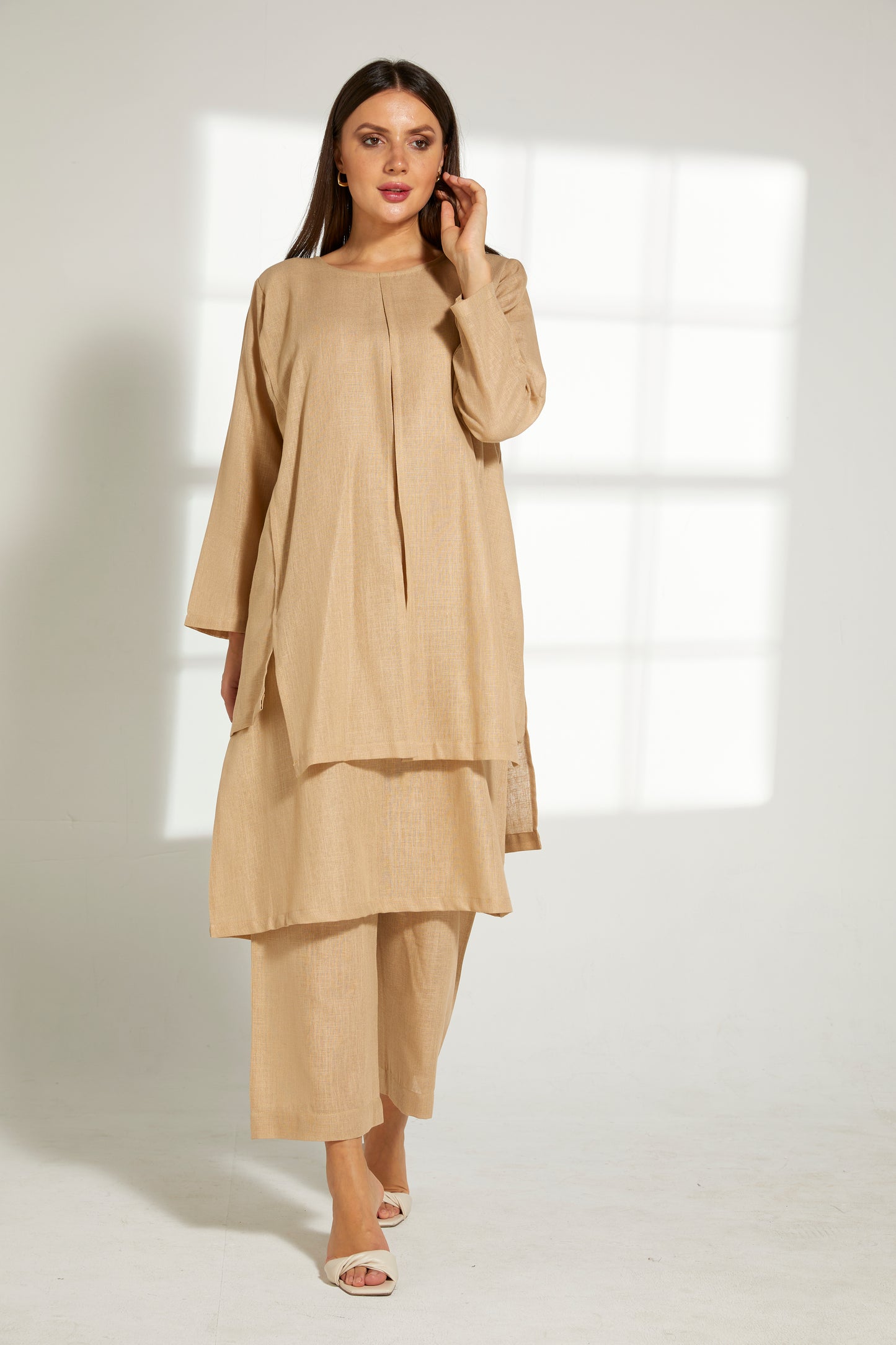 MOiSTREET Tan Linen Fabric With  Top and Pants Set (7822095581411)