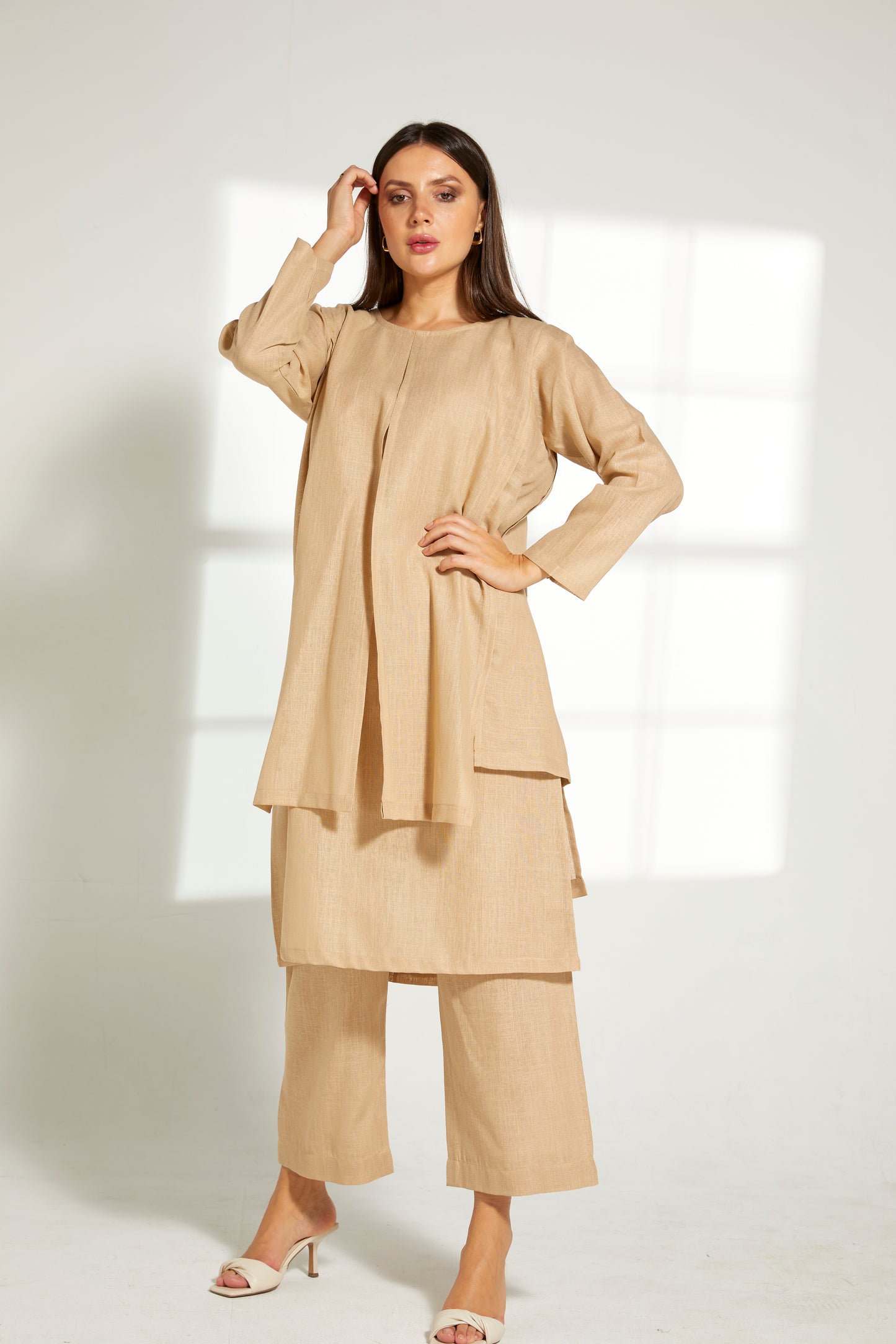 MOiSTREET Tan Linen Fabric With  Top and Pants Set (7822095581411)