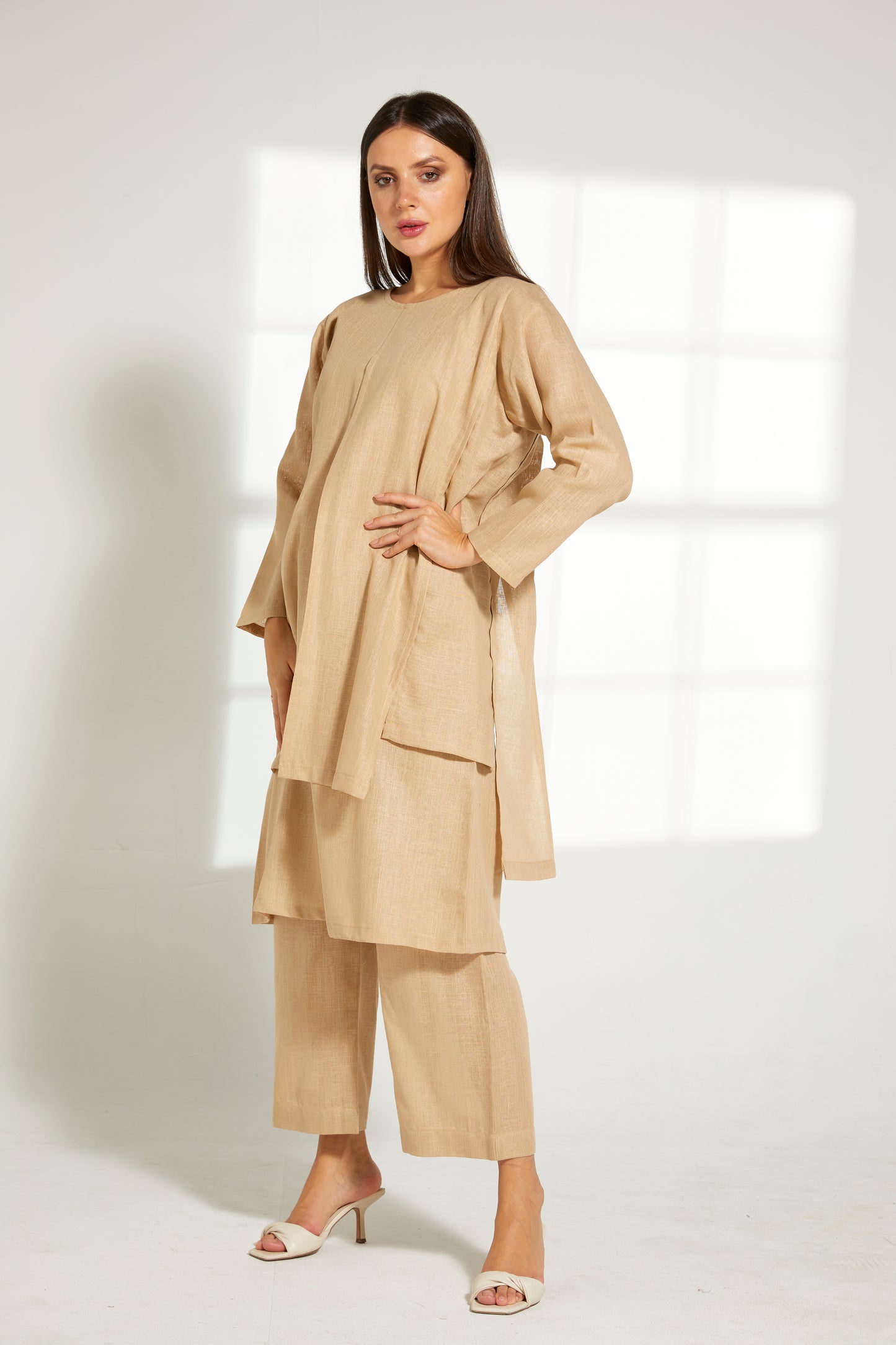 MOiSTREET Tan Linen Fabric With  Top and Pants Set (7822095581411)