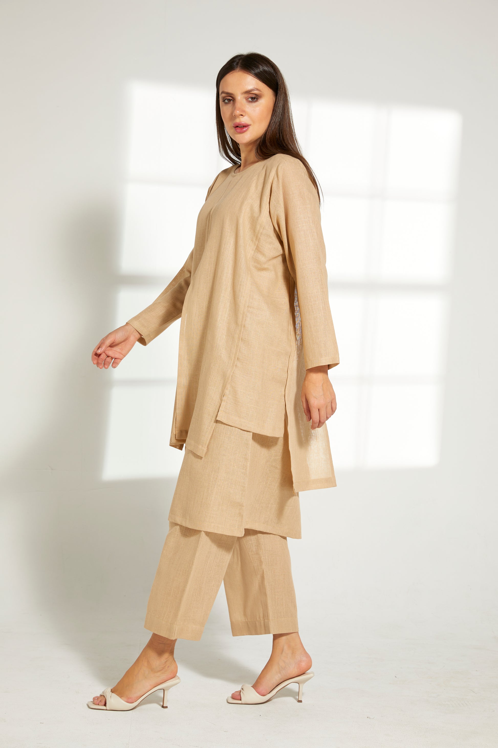 MOiSTREET Tan Linen Fabric With  Top and Pants Set (7822095581411)