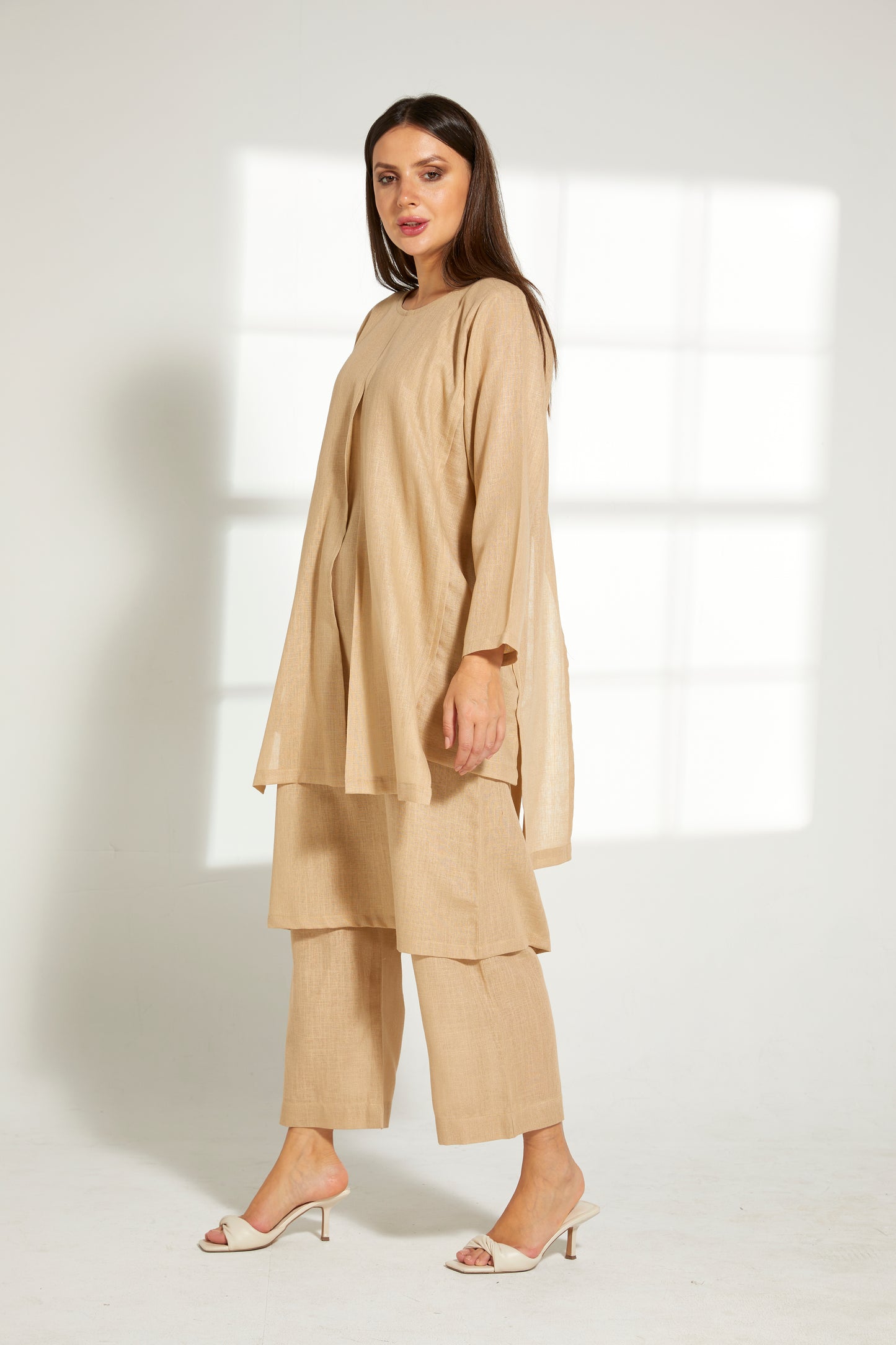 MOiSTREET Tan Linen Fabric With  Top and Pants Set (7822095581411)