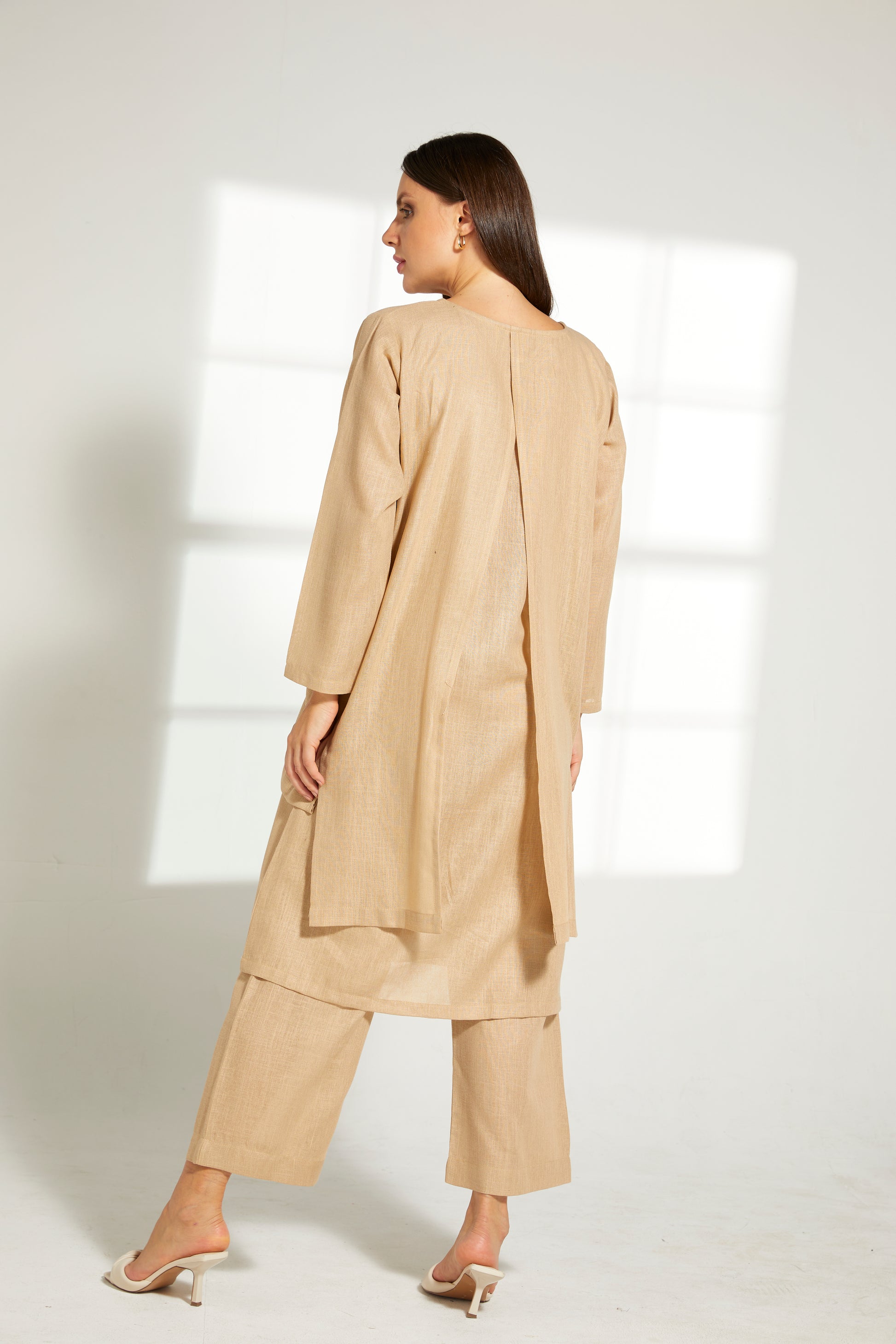 MOiSTREET Tan Linen Fabric With  Top and Pants Set (7822095581411)