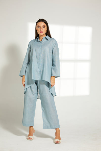 MOiSTREET Turquoise Linen Fabric With  Top and Pants Set (7822153646307)