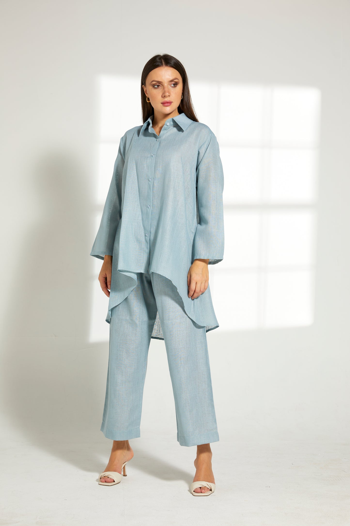 MOiSTREET Turquoise Linen Fabric With  Top and Pants Set (7822153646307)