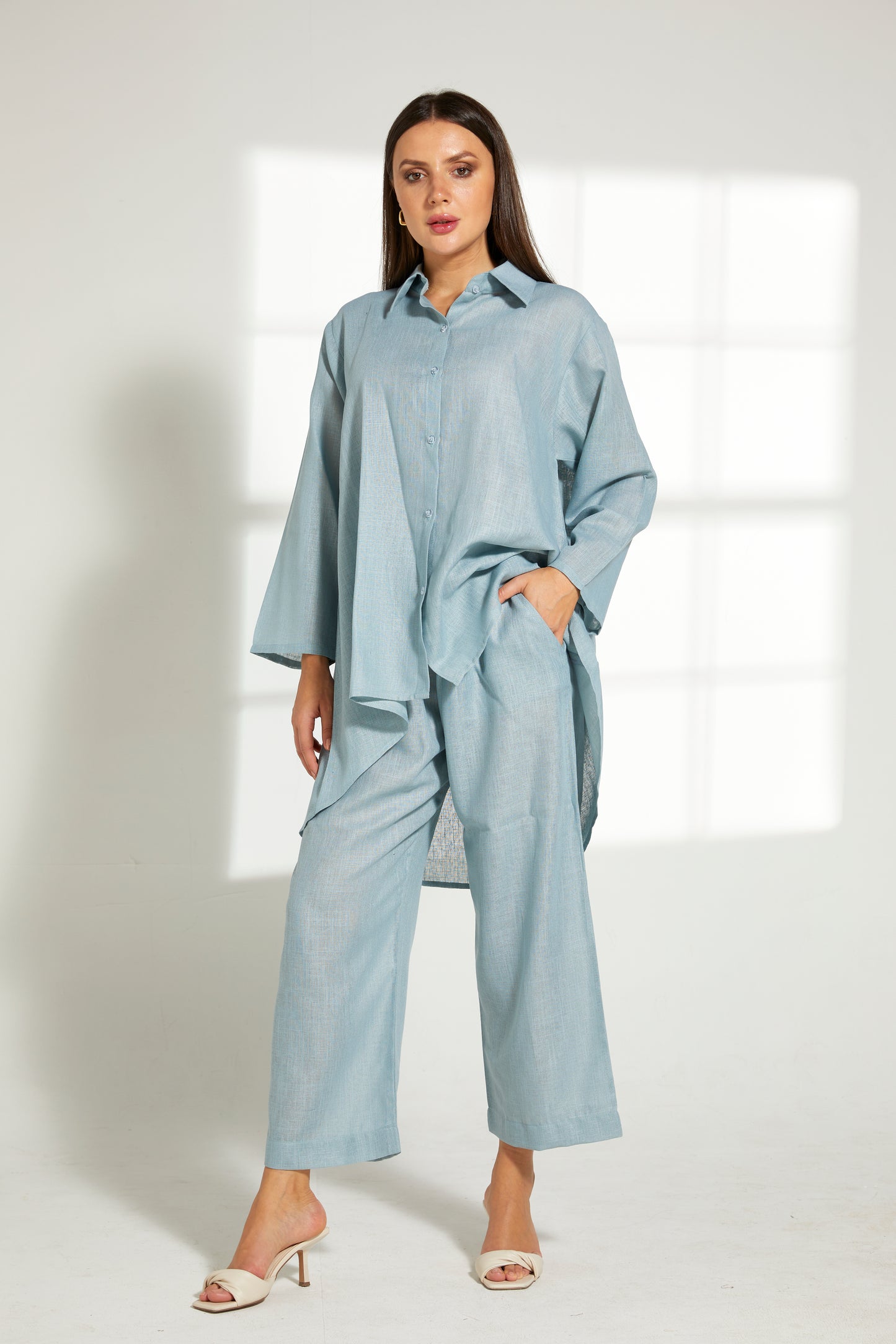 MOiSTREET Turquoise Linen Fabric With  Top and Pants Set (7822153646307)