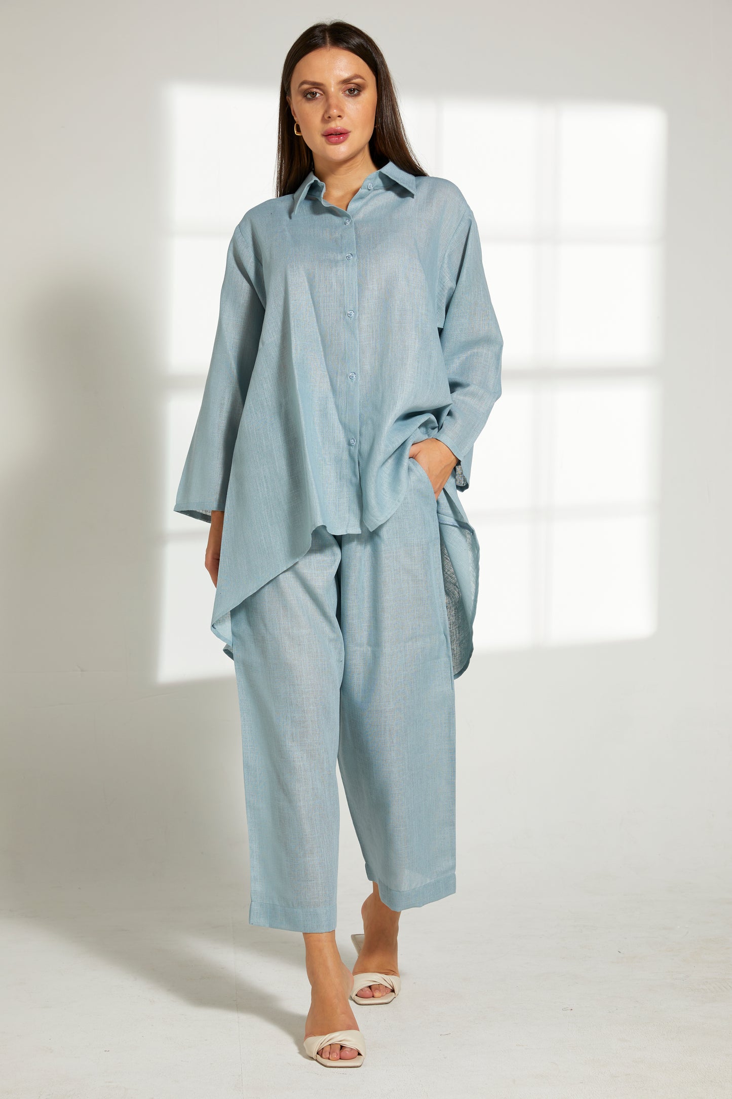 MOiSTREET Turquoise Linen Fabric With  Top and Pants Set (7822153646307)