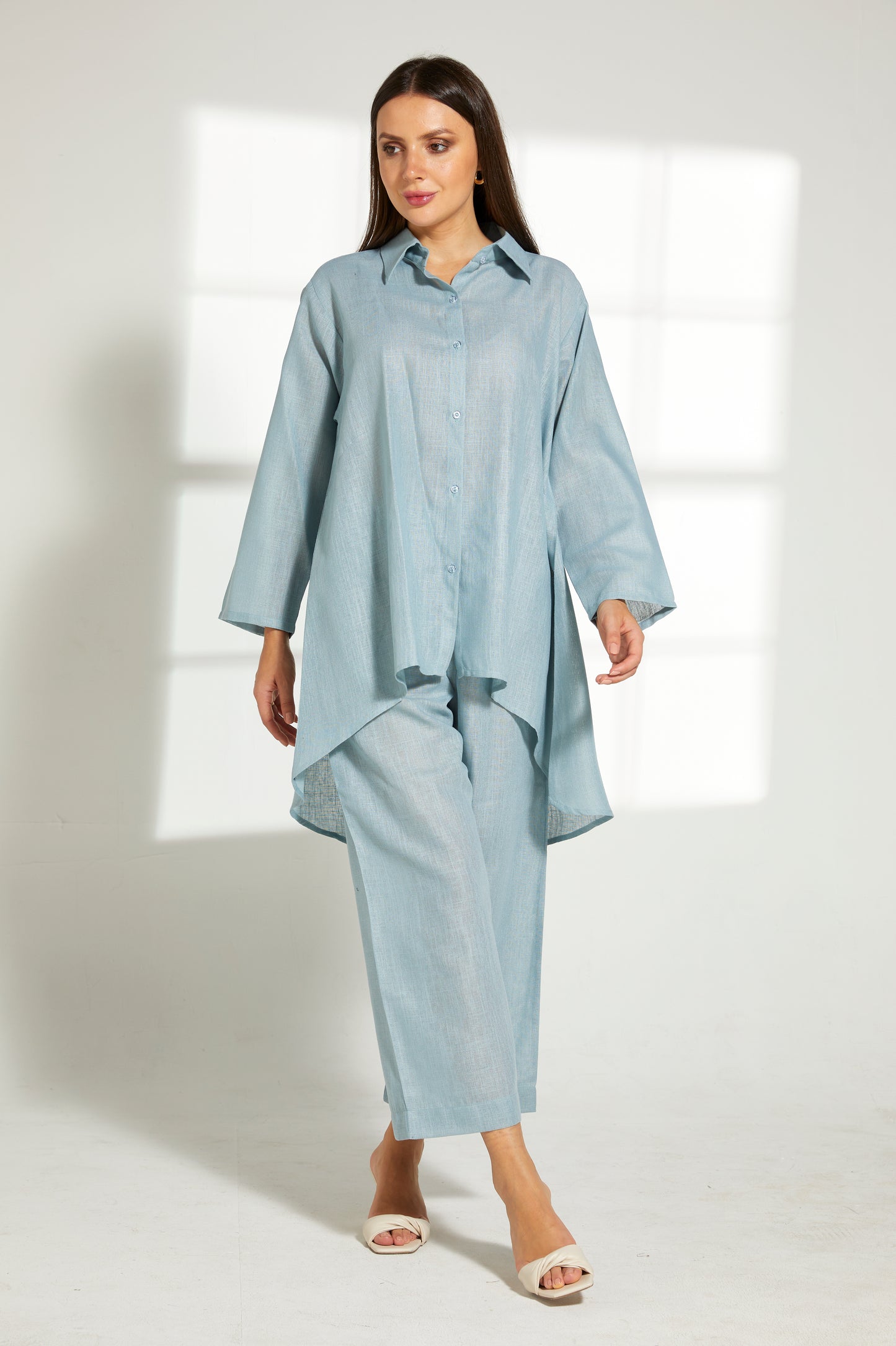 MOiSTREET Turquoise Linen Fabric With  Top and Pants Set (7822153646307)