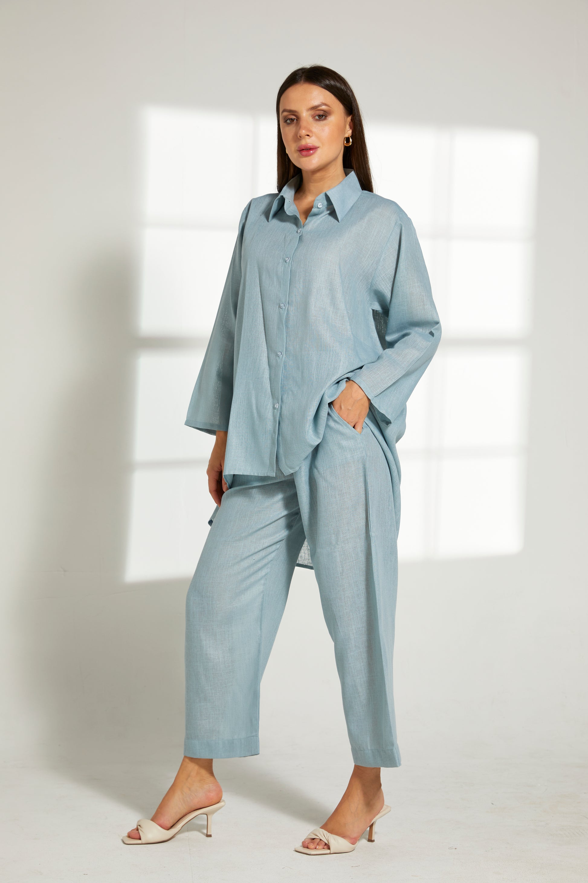 MOiSTREET Turquoise Linen Fabric With  Top and Pants Set (7822153646307)