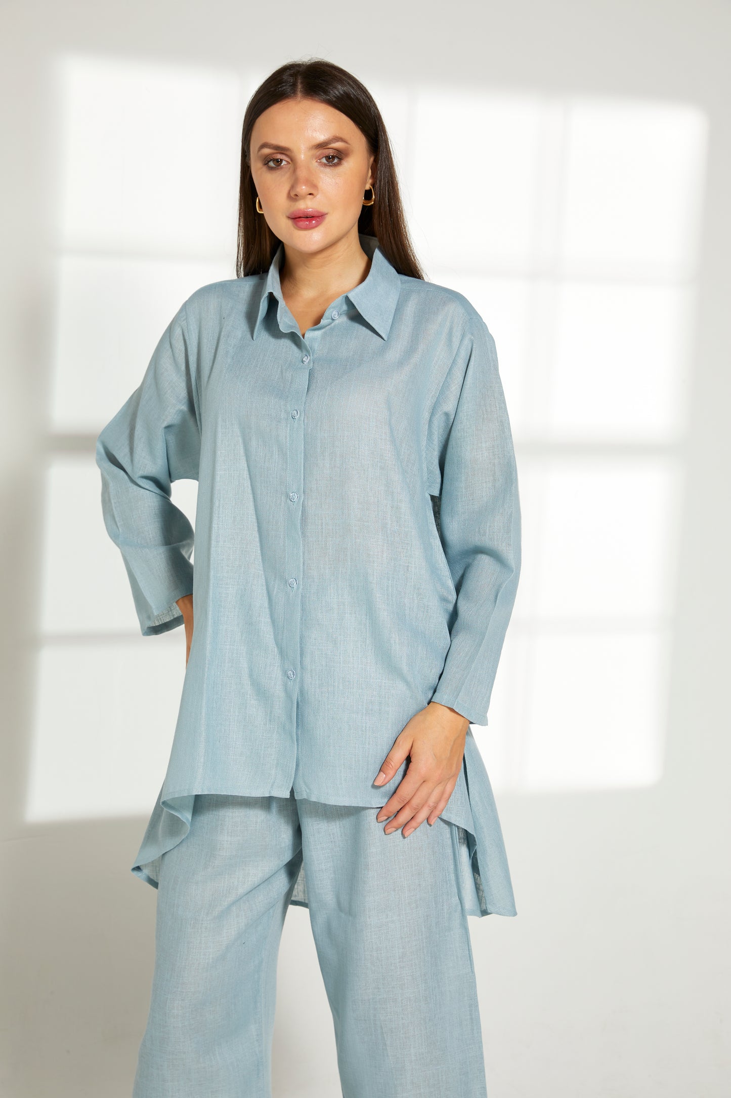 MOiSTREET Turquoise Linen Fabric With  Top and Pants Set (7822153646307)