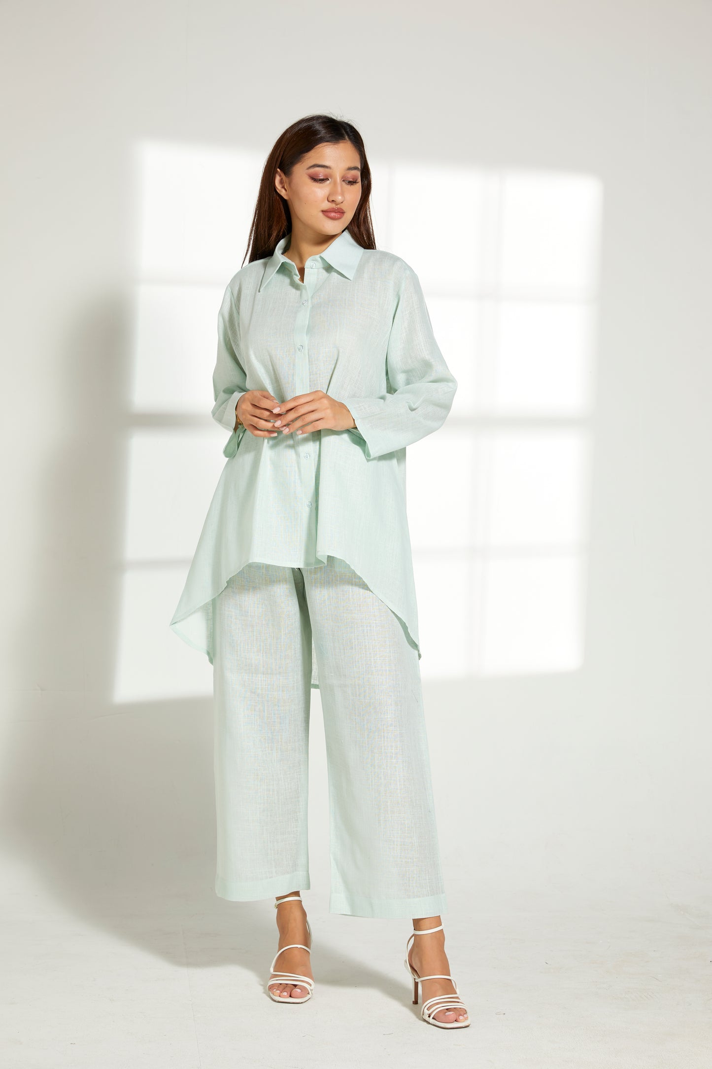 MOiSTREET Sea Green Linen Fabric With  Top and Pants Set (7822131691747)