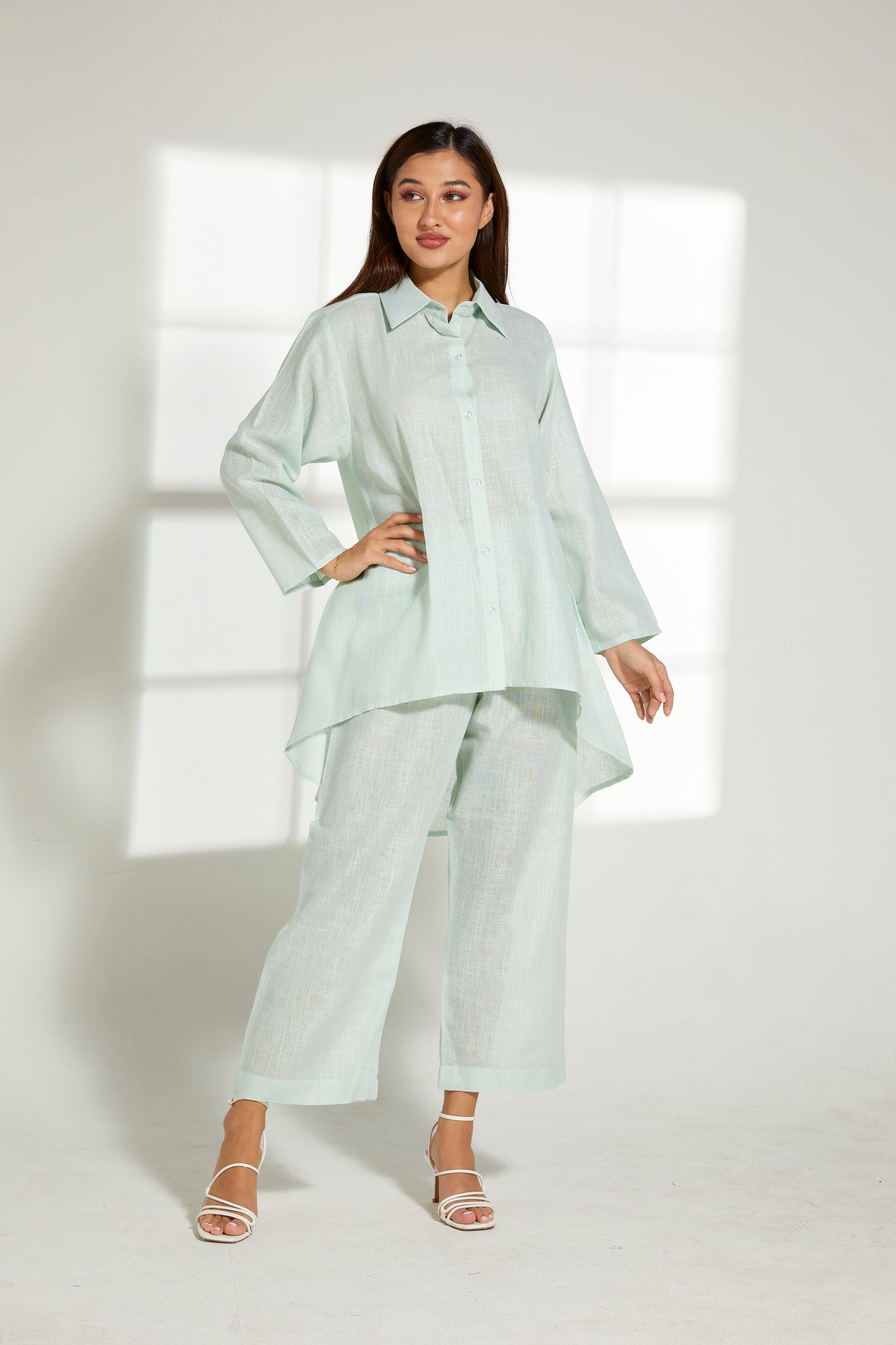 MOiSTREET Sea Green Linen Fabric With  Top and Pants Set (7822131691747)