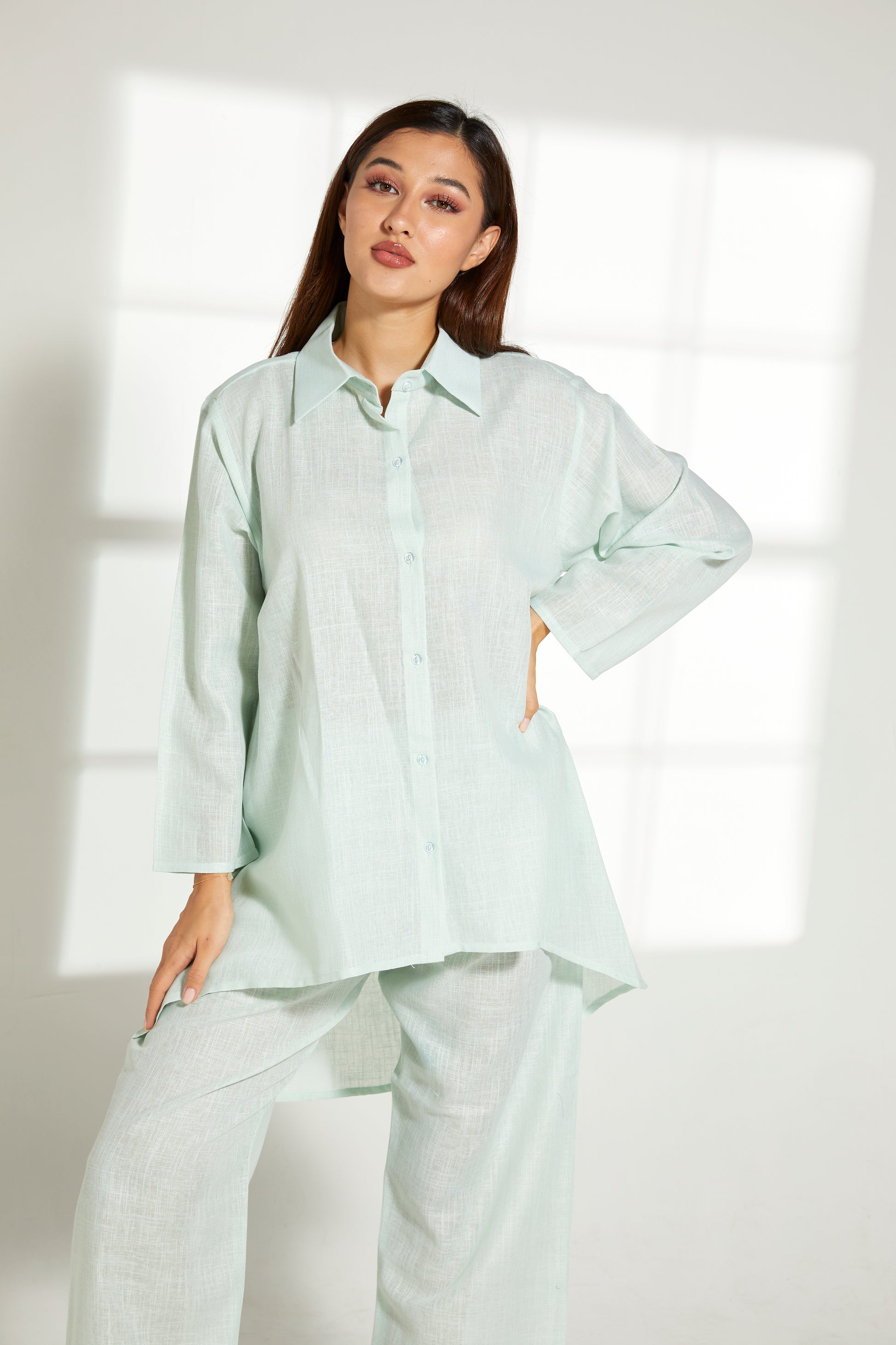 MOiSTREET Sea Green Linen Fabric With  Top and Pants Set (7822131691747)