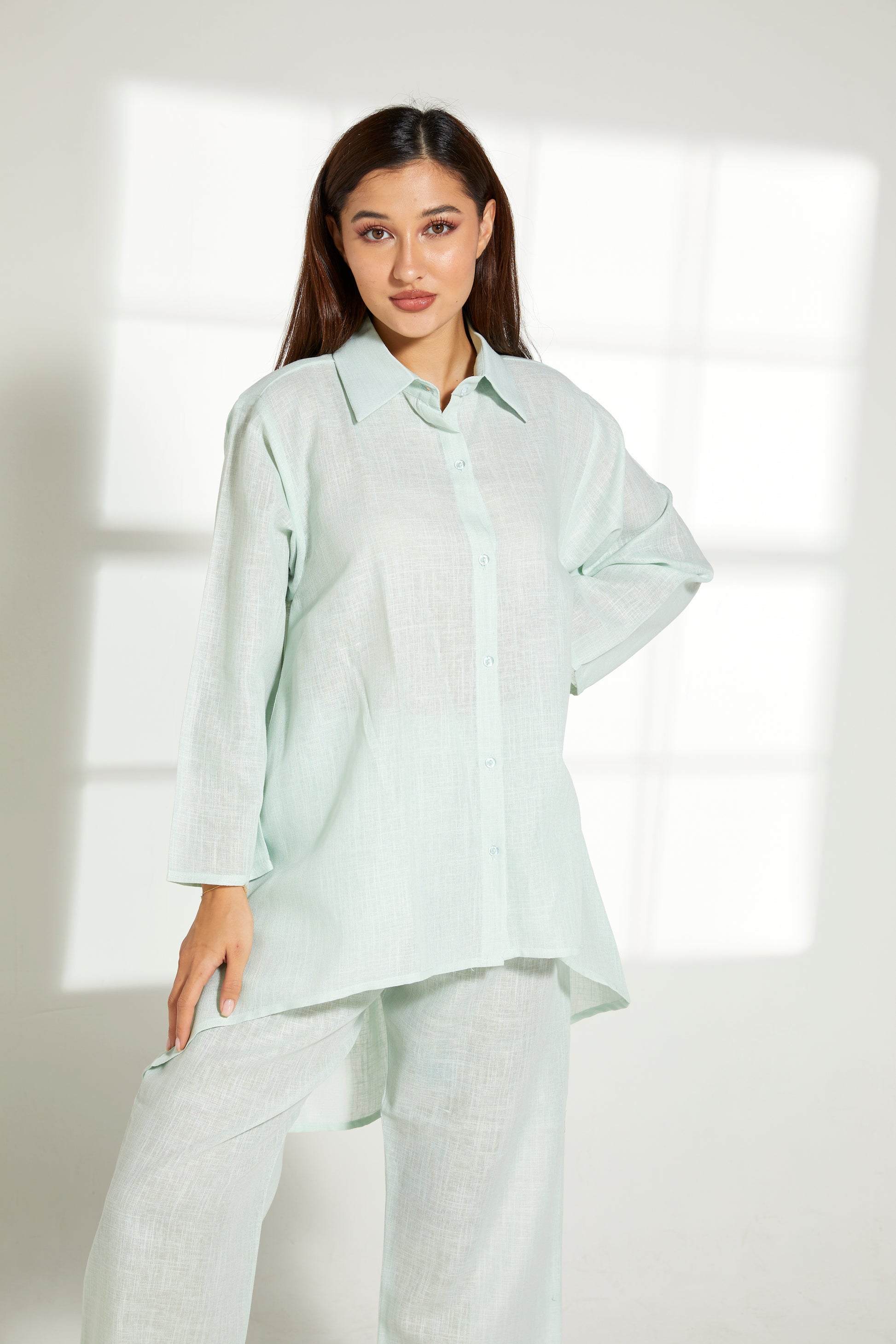 MOiSTREET Sea Green Linen Fabric With  Top and Pants Set (7822131691747)