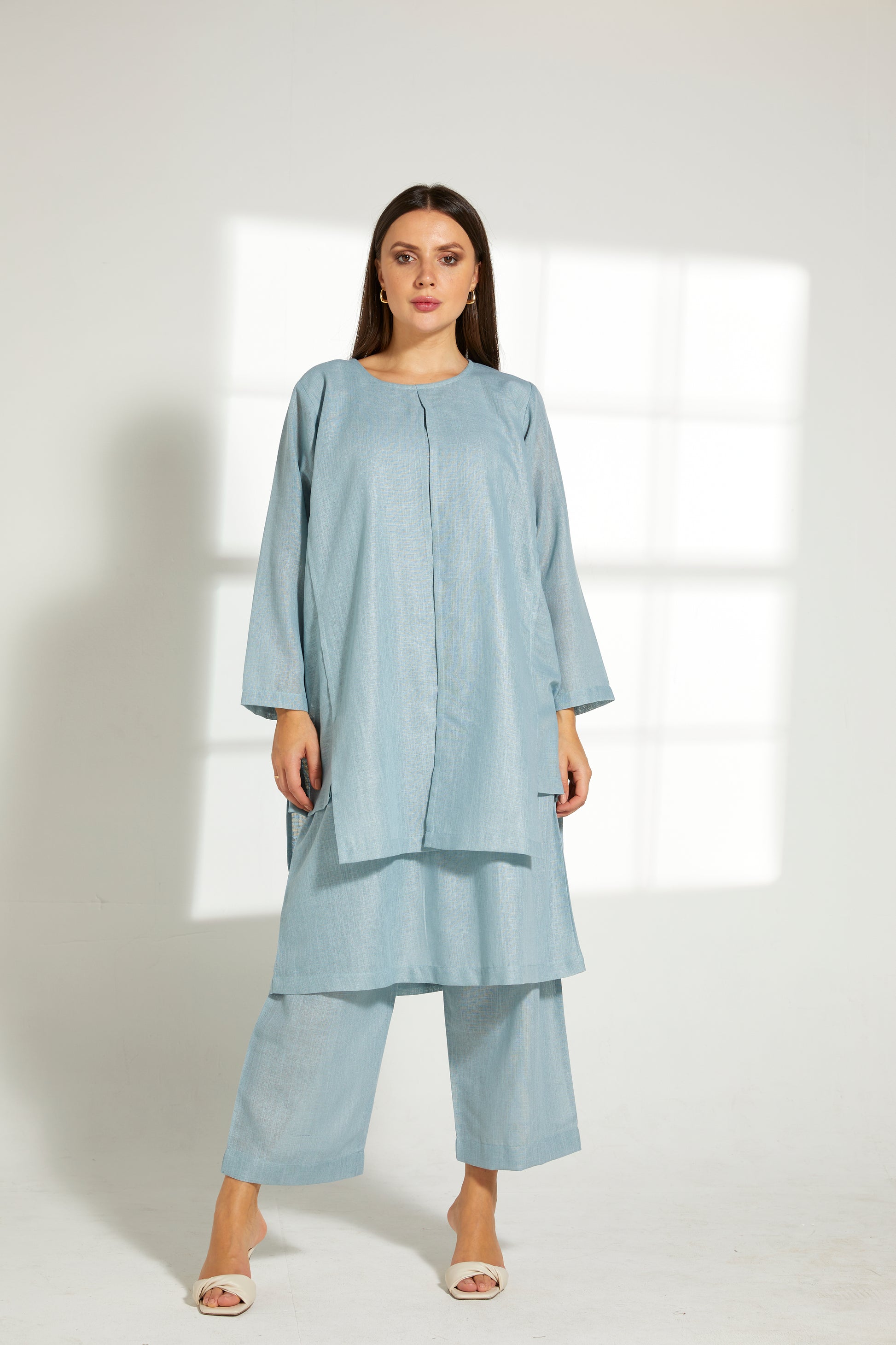 MOiSTREET turquoise Linen Fabric With  Top and Pants Set (7822085652707)